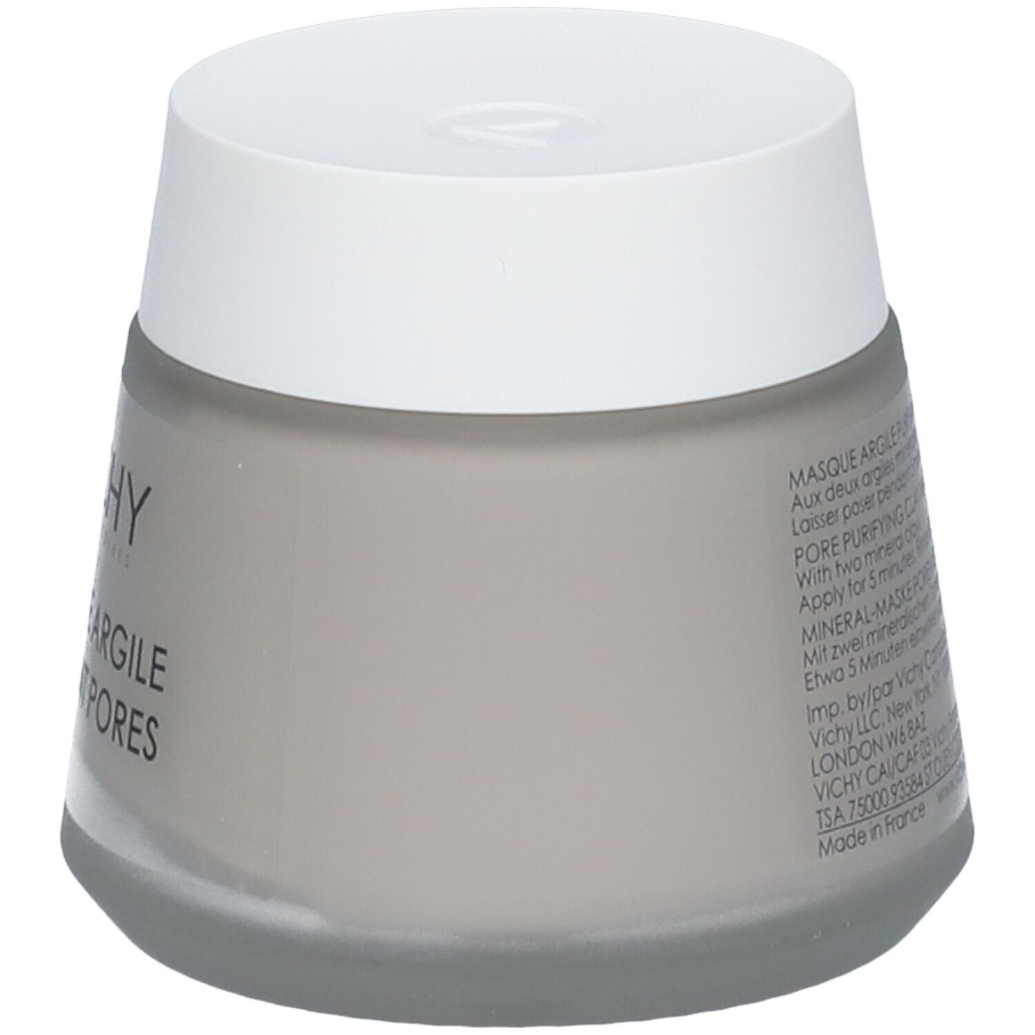 Masque facial Vichy en pot gris. Inscription: Masque Argile Purifiant Pores. Couvercle blanc. Logo Vichy. Informations produit.