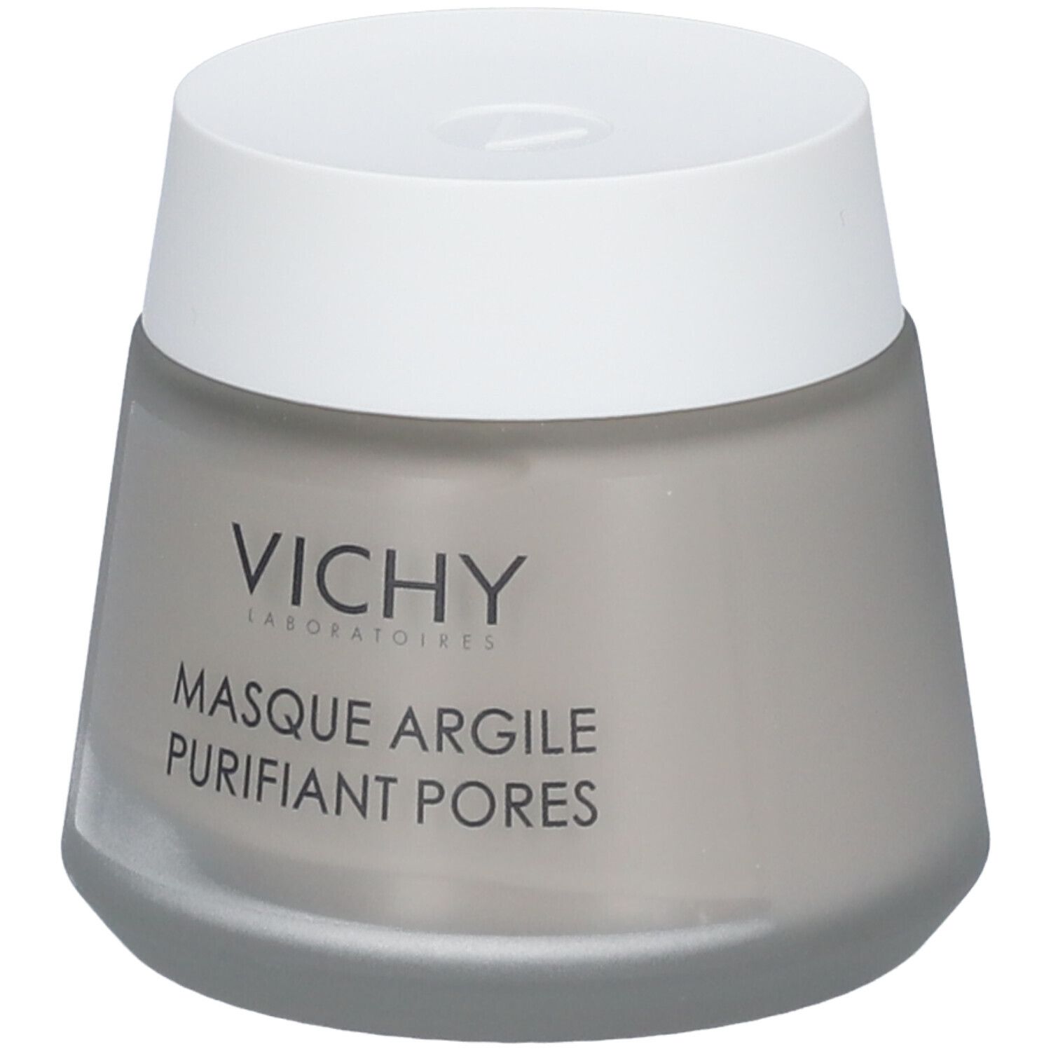 Masque facial Vichy en pot gris. Inscription: Masque Argile Purifiant Pores. Couvercle blanc. Logo Vichy.