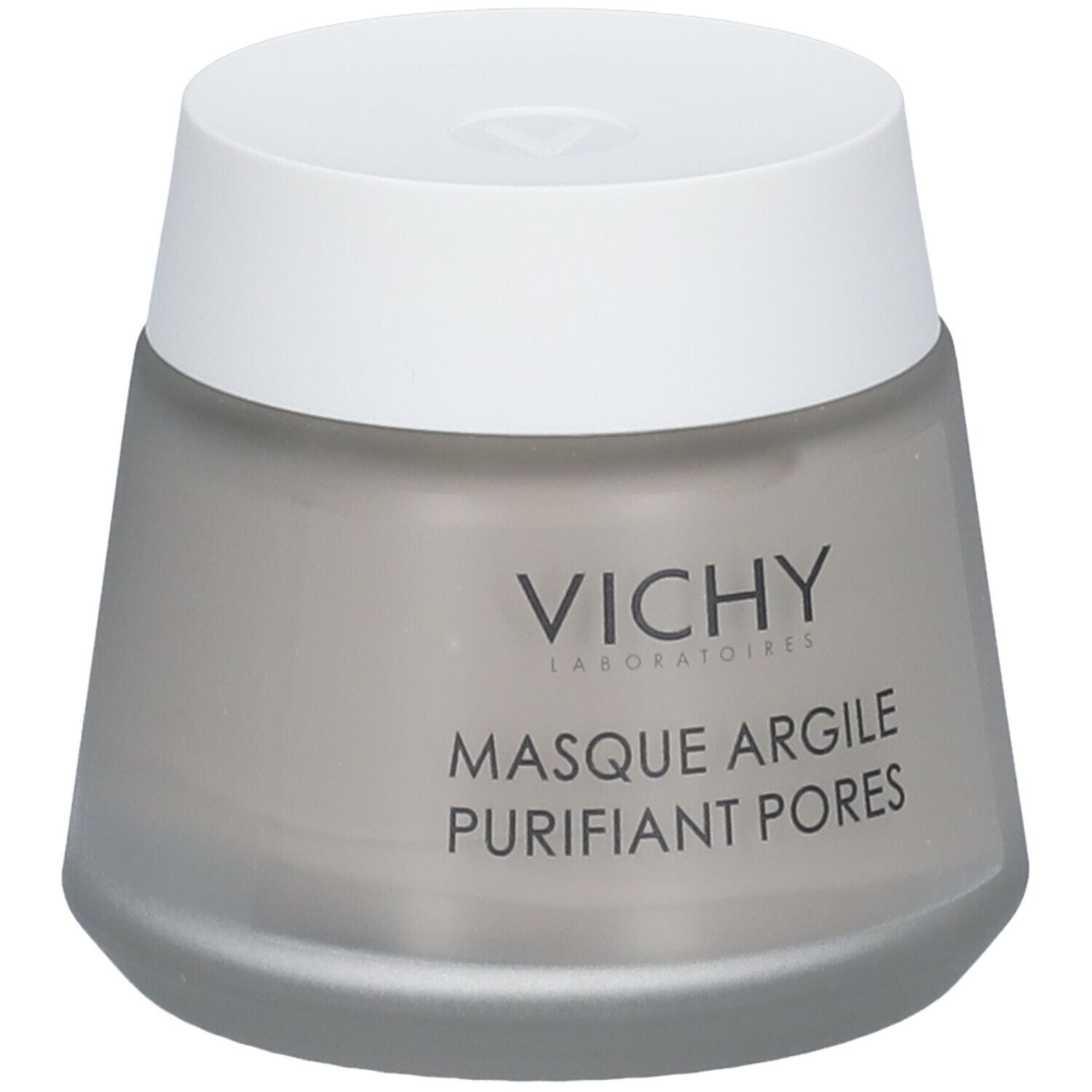 Masque facial Vichy en pot gris. Inscription: Masque Argile Purifiant Pores. Couvercle blanc. Logo Vichy.
