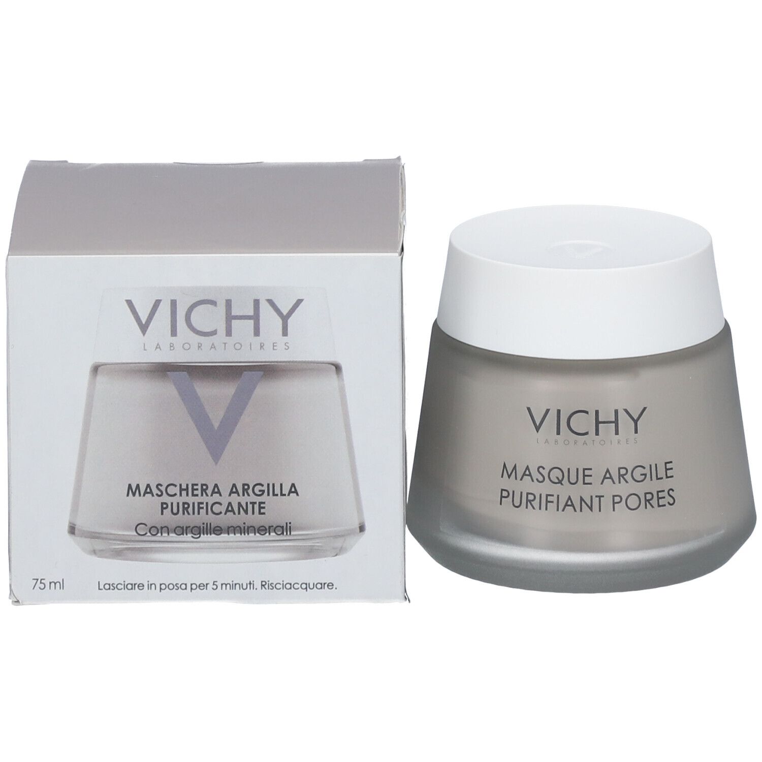 Masque facial Vichy en emballage et pot. Inscription: Maschera Argilla Purificante. Boîte blanche. Logo Vichy.