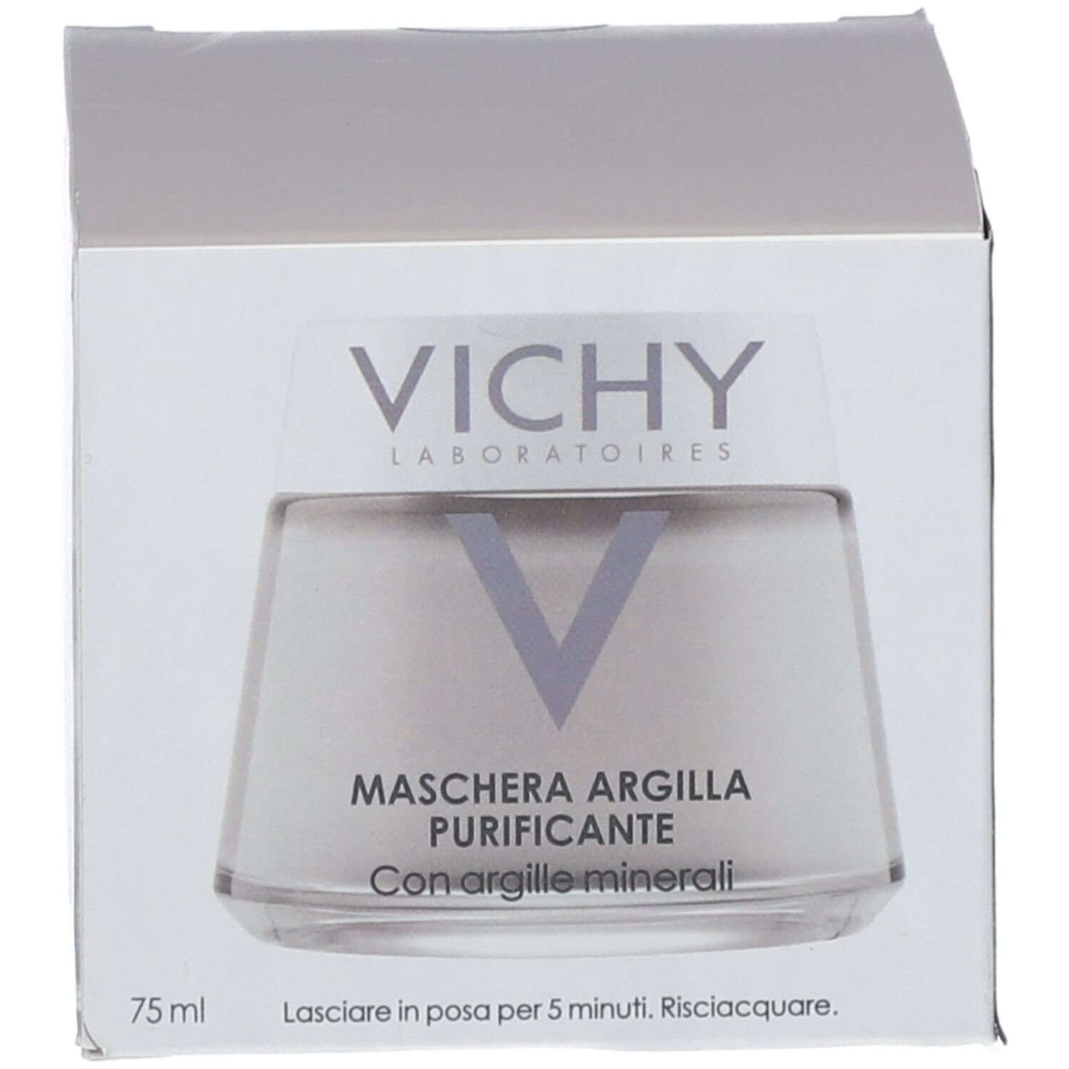 Masque facial Vichy en emballage. Inscription: Maschera Argilla Purificante. Boîte blanche. Logo Vichy.