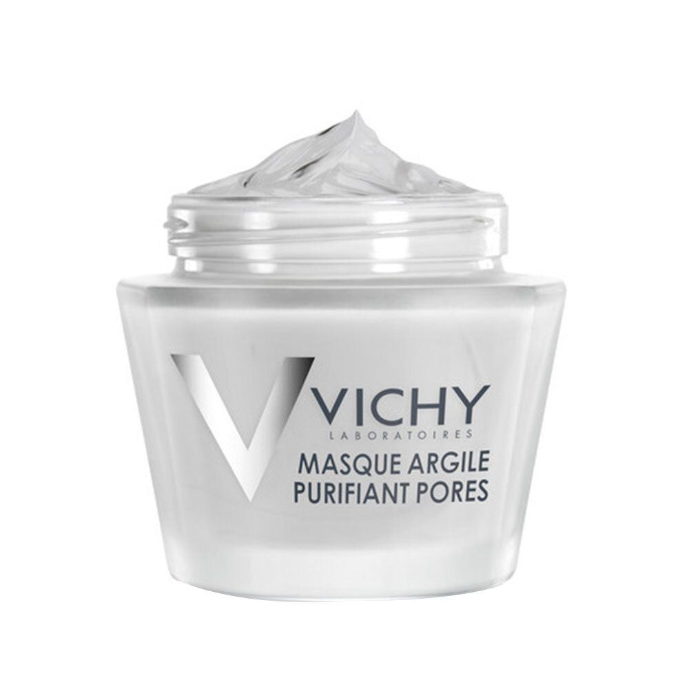 Masque facial Vichy ouvert en pot blanc. Inscription: Masque Argile Purifiant Pores. Couvercle blanc. Logo Vichy. Masque visible.