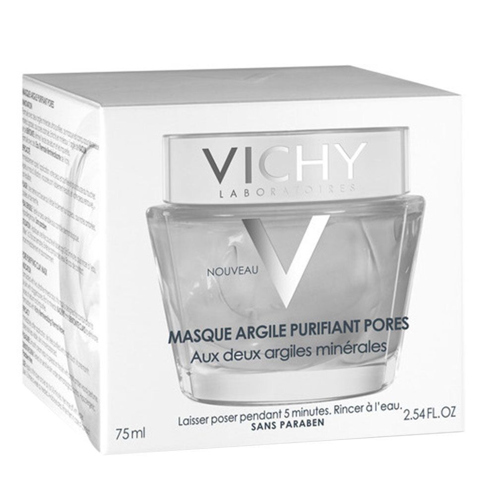 Masque facial Vichy en emballage. Inscription: Masque Argile Purifiant Pores. Boîte blanche. Logo Vichy. Informations produit.