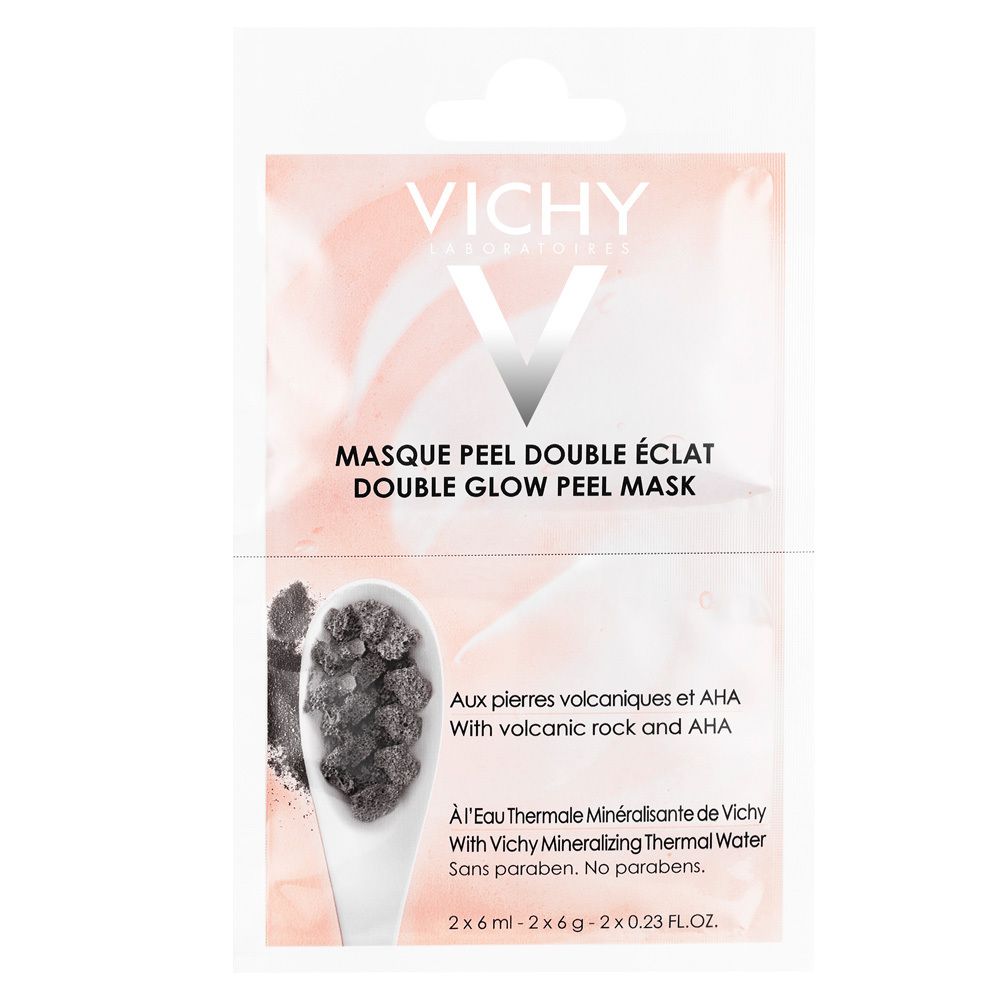 Vichy Peelingmaske. Einzelverpackung. Produktname und Logo sichtbar. Text: "Masque Peel Double Éclat". Abbildung von Inhaltsstoffen.