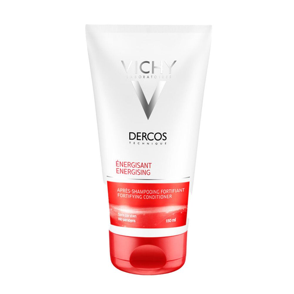 Weiße Tube mit rotem Boden. Aufschrift: VICHY, Dercos, ÉNERGISANT, Après-shampooing fortifiant. 150 ml.
