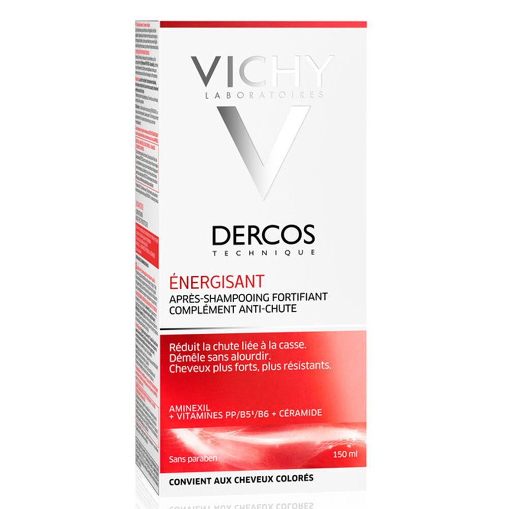 Weiße Verpackung mit rotem Bereich. Aufschrift: VICHY, Dercos, ÉNERGISANT, Après-shampooing fortifiant. 150 ml.