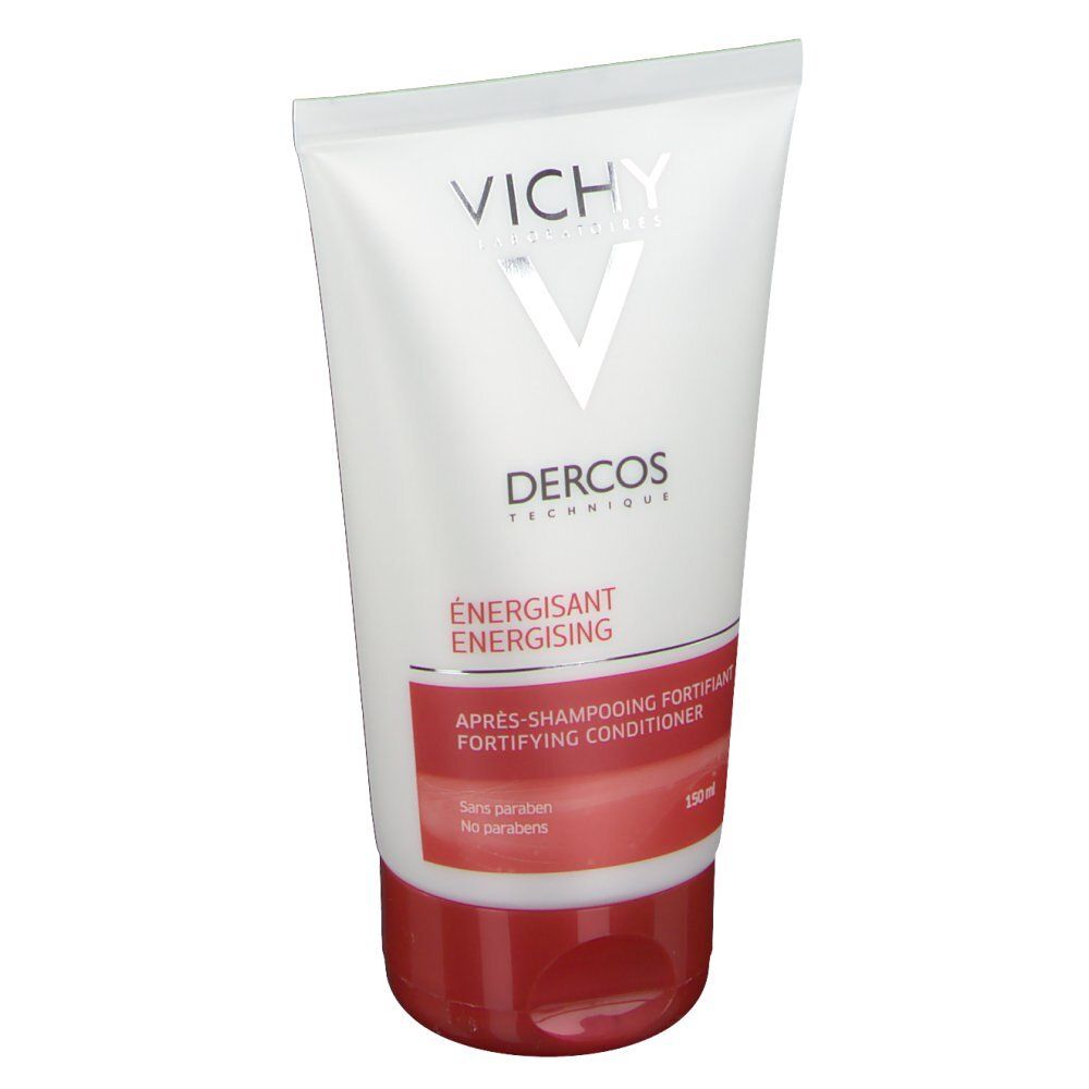 Weiße Tube mit rotem Boden. Aufschrift: VICHY, Dercos, ÉNERGISANT, Après-shampooing fortifiant. 150 ml.
