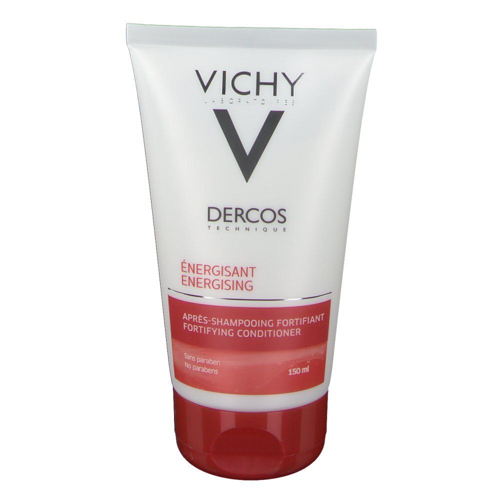Weiße Tube mit rotem Boden. Aufschrift: VICHY, Dercos, ÉNERGISANT, Après-shampooing fortifiant. 150 ml.