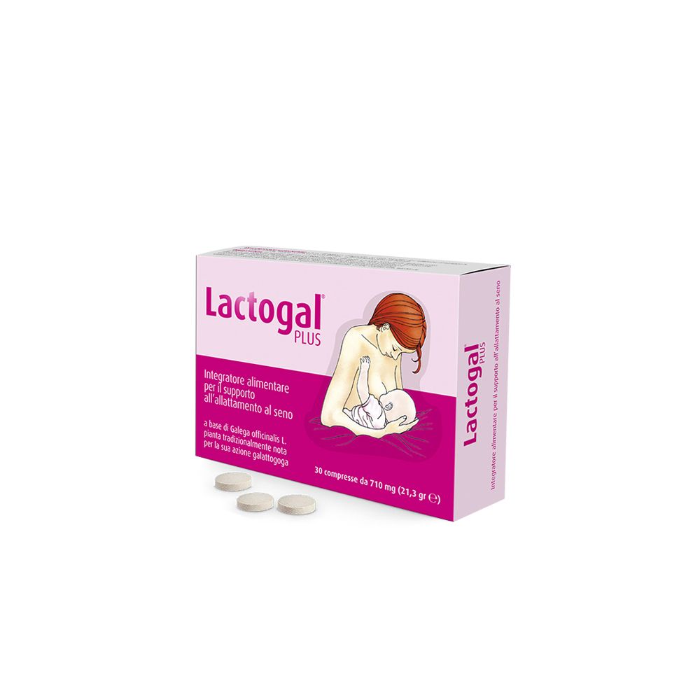 Rosa Schachtel mit Lactogal PLUS. Enthält Tabletten. Aufdruck: Frau stillt Baby. Text: Nahrungsergänzungsmittel für Stillunterstützung.