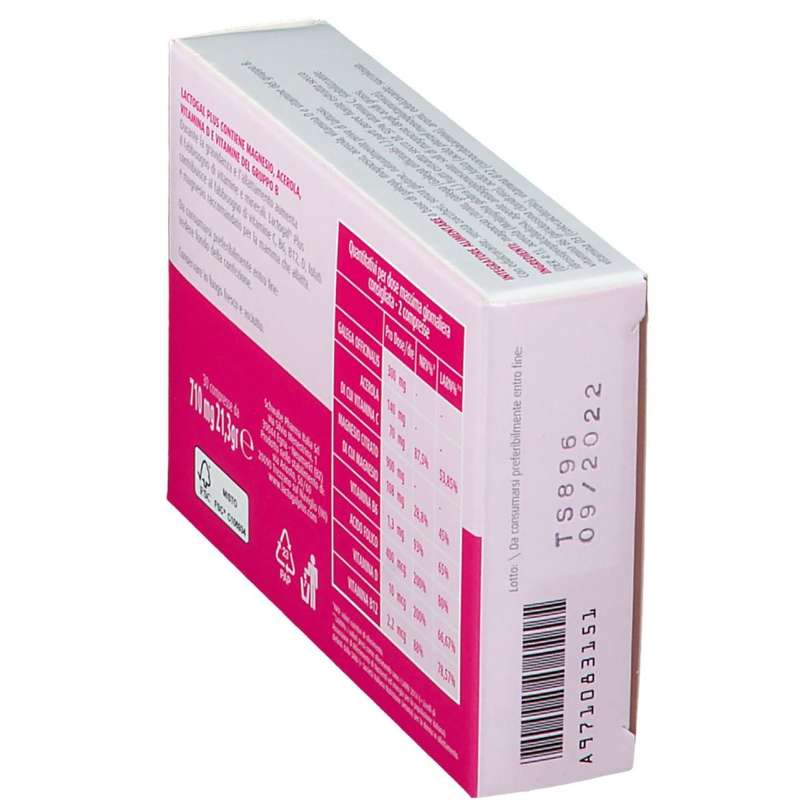 Rückseite der Lactogal PLUS-Schachtel. Text: Inhaltsstoffe, Nährwerttabelle. Rosa Hintergrund. Schrägansicht.