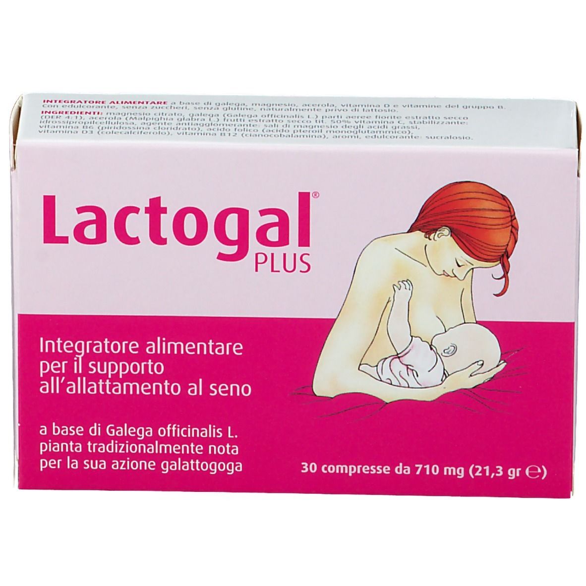 Lactogal PLUS-Schachtel, rosa. Aufdruck: Frau stillt Baby. Text: Nahrungsergänzungsmittel für Stillunterstützung. 30 Tabletten.