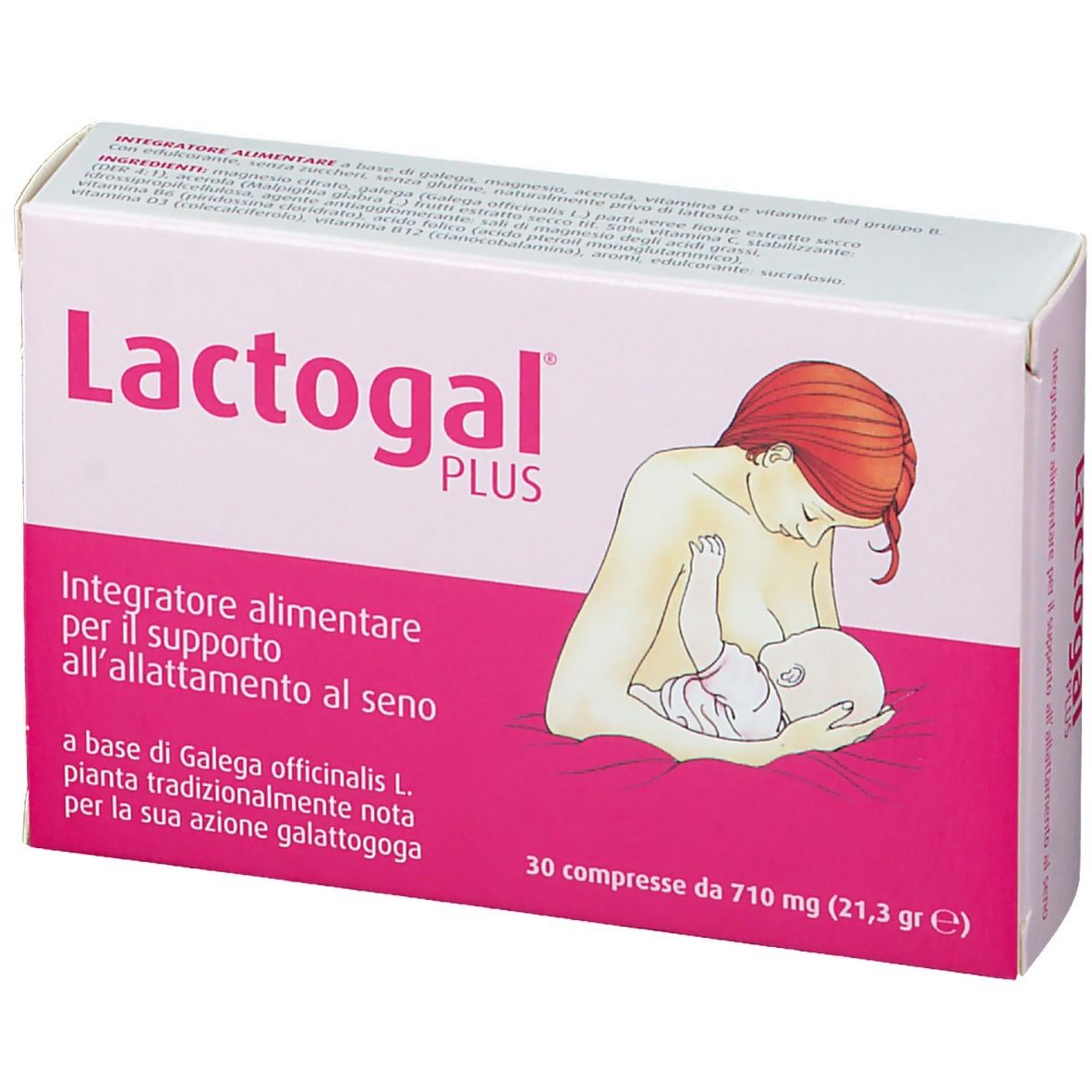 Lactogal PLUS-Schachtel, rosa. Aufdruck: Frau stillt Baby. Text: Nahrungsergänzungsmittel für Stillunterstützung. 30 Tabletten.