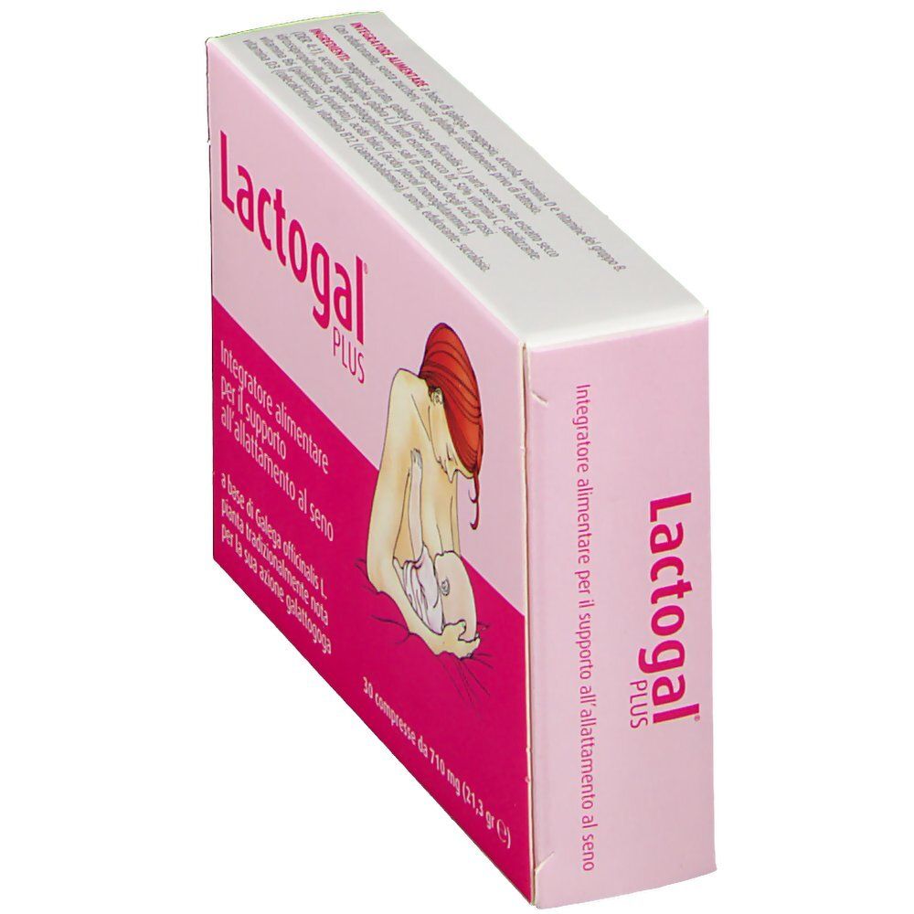 Schachtel Lactogal PLUS, rosa. Aufdruck: Frau stillt Baby. Text: Nahrungsergänzungsmittel für Stillunterstützung. Schachtel schräg.