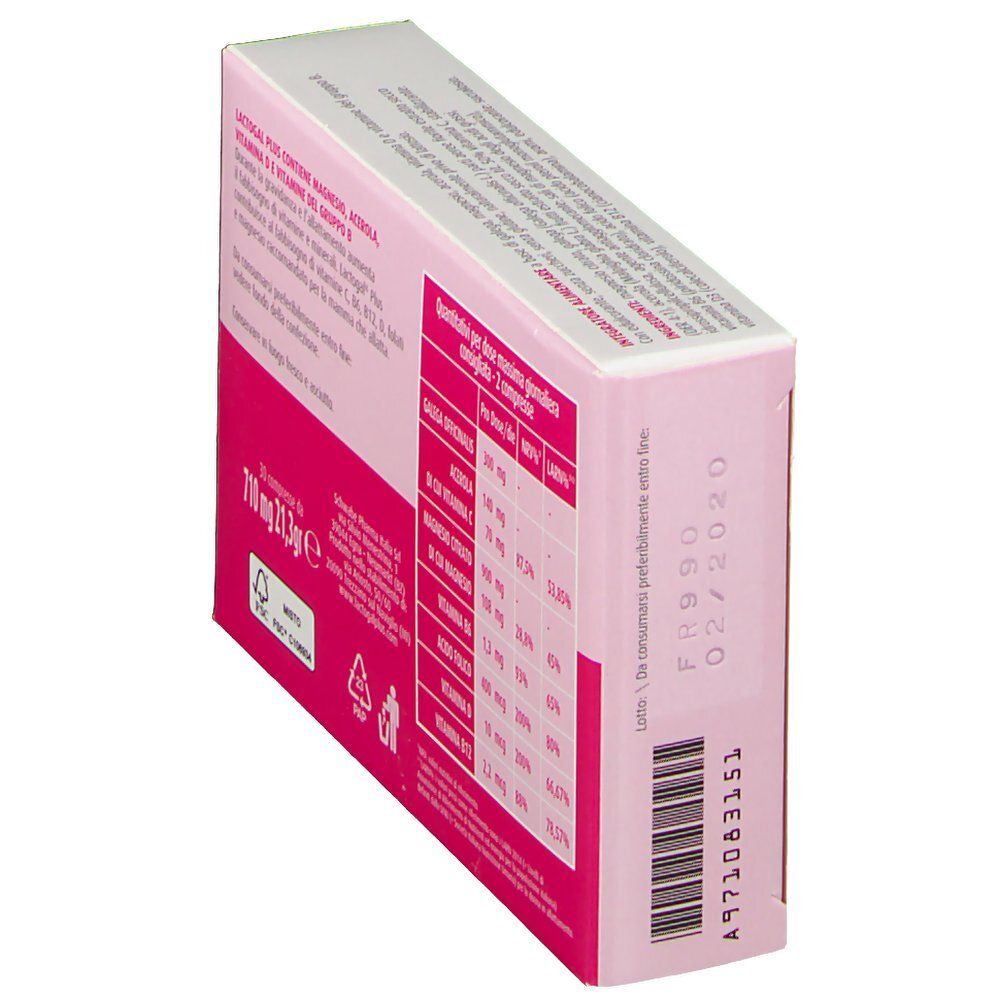 Rückseite der Lactogal PLUS-Schachtel. Text: Inhaltsstoffe, Nährwerttabelle. Rosa Hintergrund. Schrägansicht.