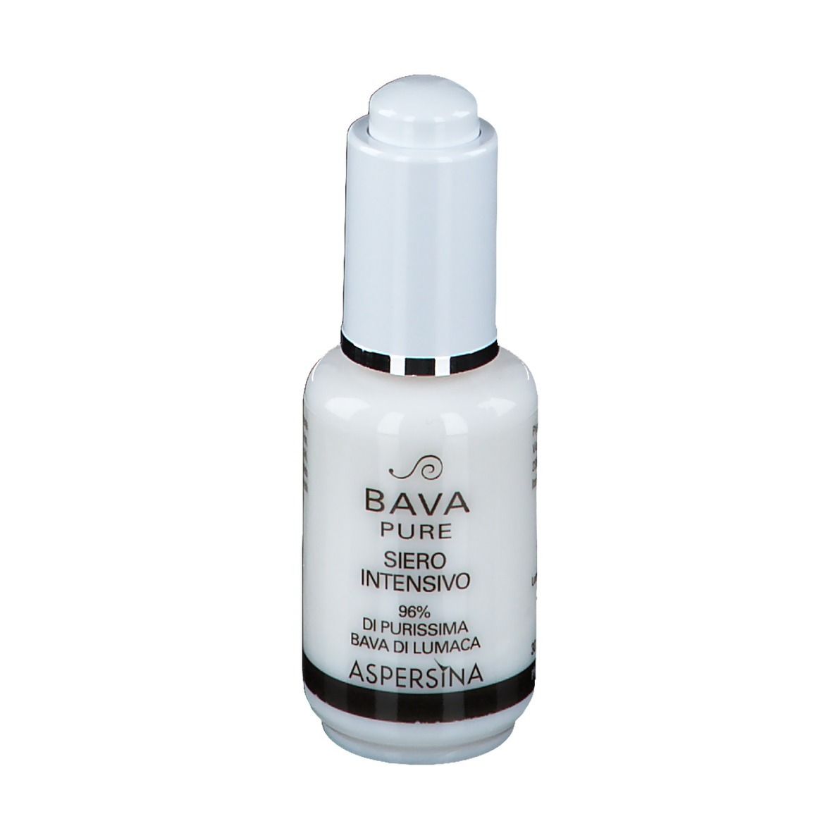 Flacon blanc avec bouchon doseur. Inscription : Bava Pure Siero Intensivo, 96% Bava di Lumaca, Aspersina.