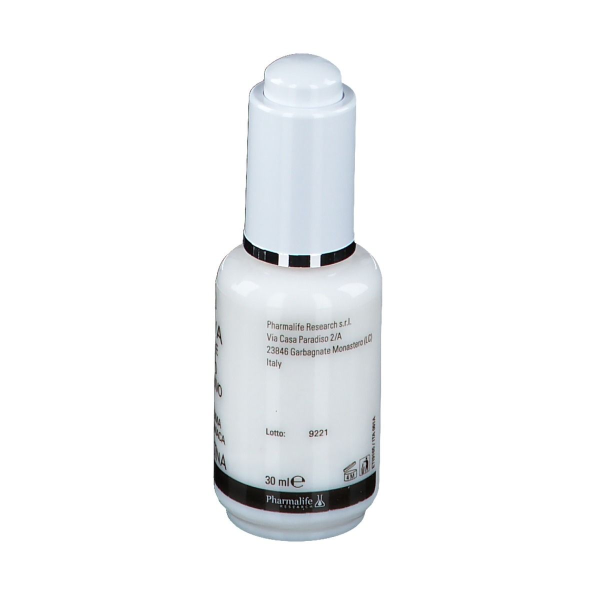 Dos du flacon blanc. Texte : Pharmalife Research, Via Casa Paradiso, 30 ml, numéro de lot.