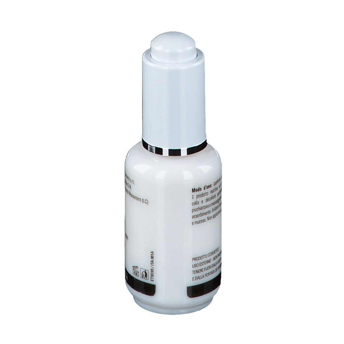 Dos du flacon blanc. Texte : Mode d'emploi, produit cosmétique, ne pas appliquer sur peau lésée.