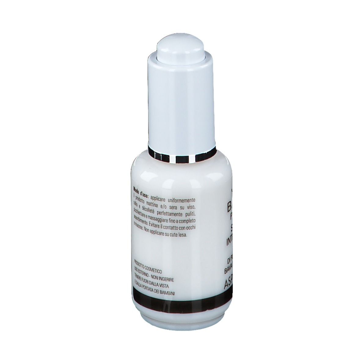 Flacon blanc avec bouchon doseur. Texte : Mode d'emploi, produit cosmétique, ne pas appliquer sur peau lésée.