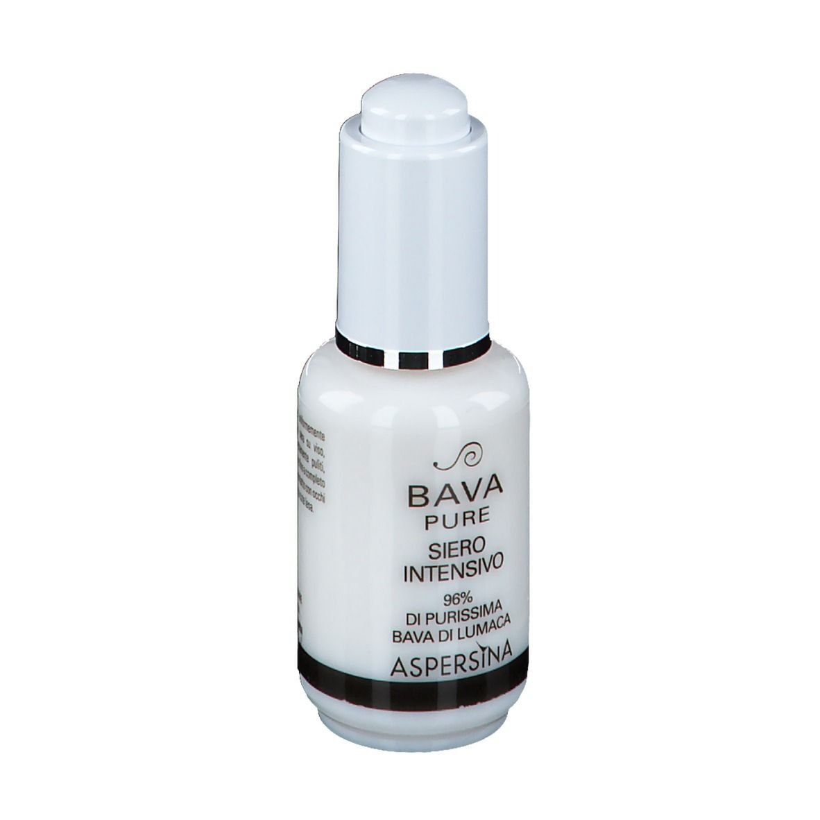 Flacon blanc avec bouchon doseur. Inscription : Bava Pure Siero Intensivo, 96% Bava di Lumaca, Aspersina.