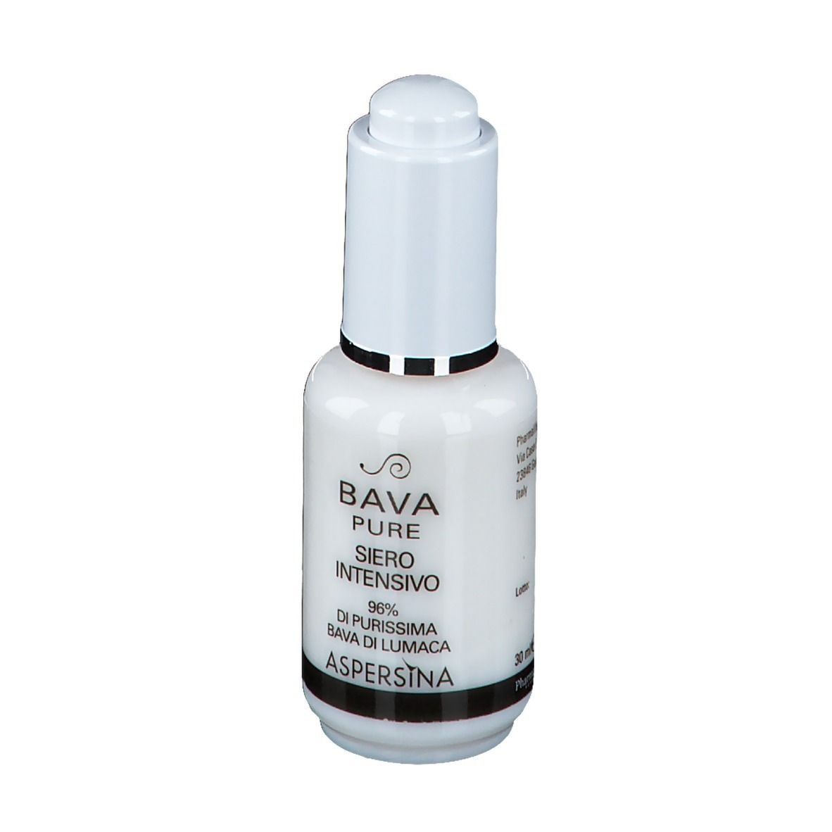 Flacon blanc avec bouchon doseur. Inscription : Bava Pure Siero Intensivo, 96% Bava di Lumaca, Aspersina, 30 ml.