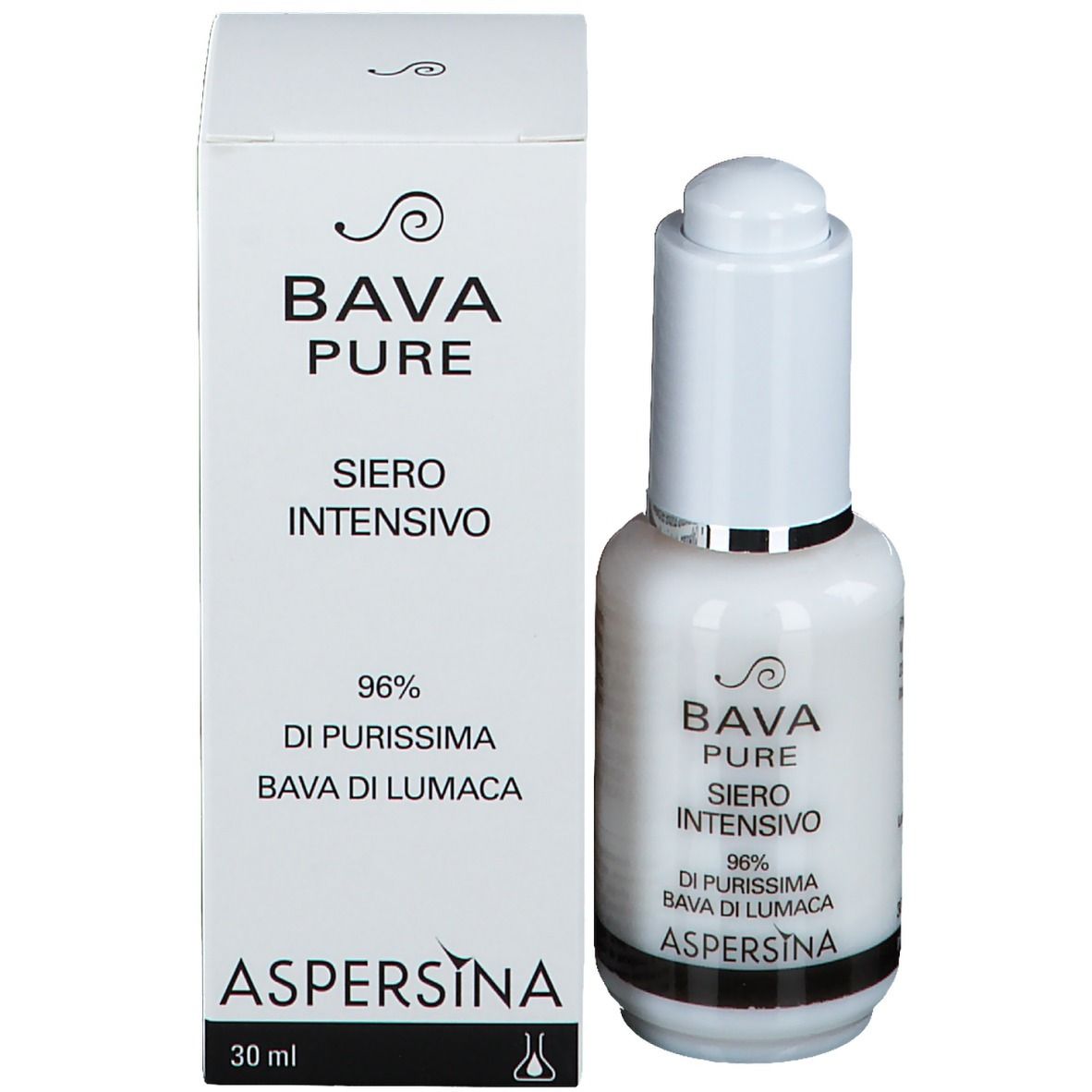 Emballage et flacon. Emballage : blanc, inscription : Bava Pure Siero Intensivo, 30 ml, Aspersina.