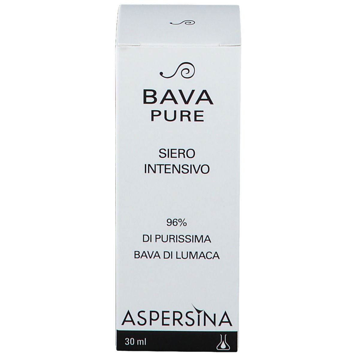 Emballage blanc. Inscription : Bava Pure Siero Intensivo, 30 ml, Aspersina.