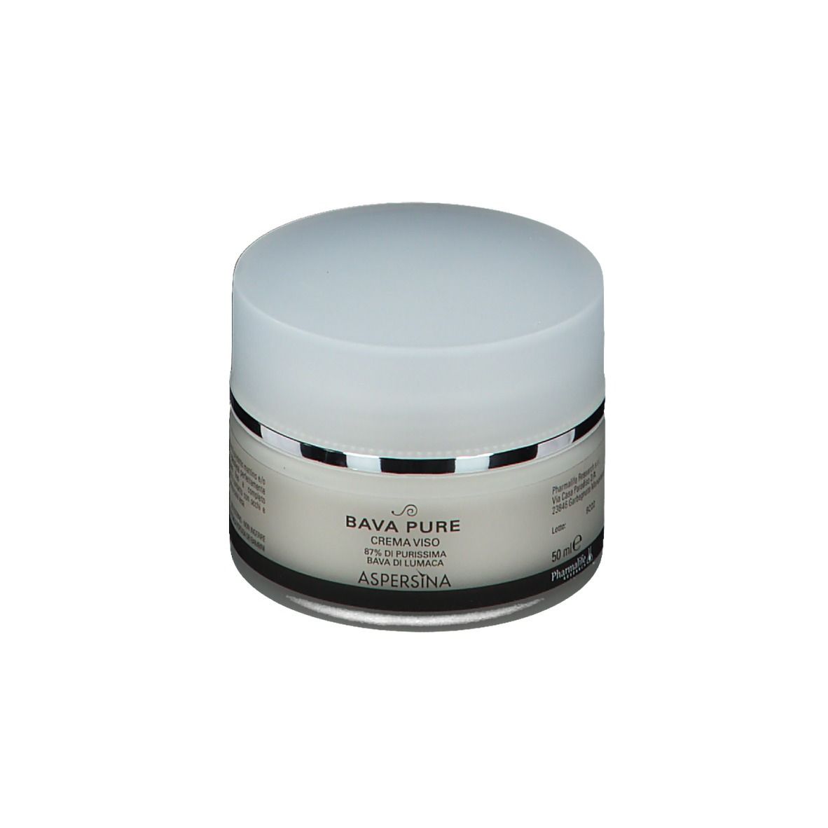 Pot de crème avec couvercle blanc et anneau argenté. Inscription : Bava Pure Crema Viso, Aspersina.