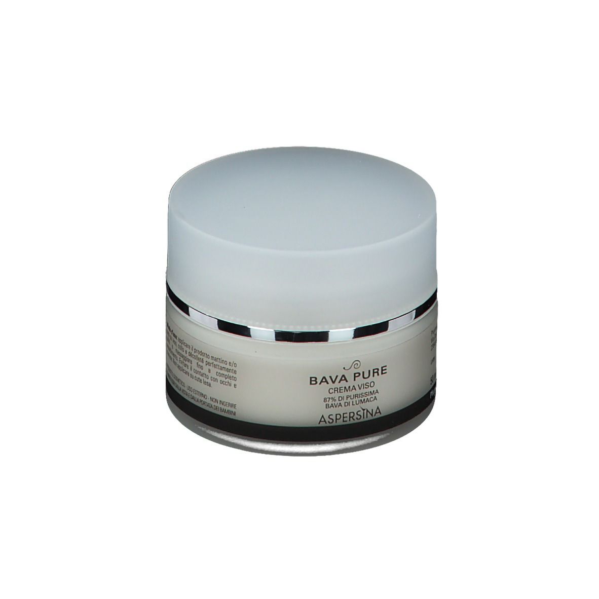 Pot de crème avec couvercle blanc et anneau argenté. Inscription : Bava Pure Crema Viso, Aspersina.