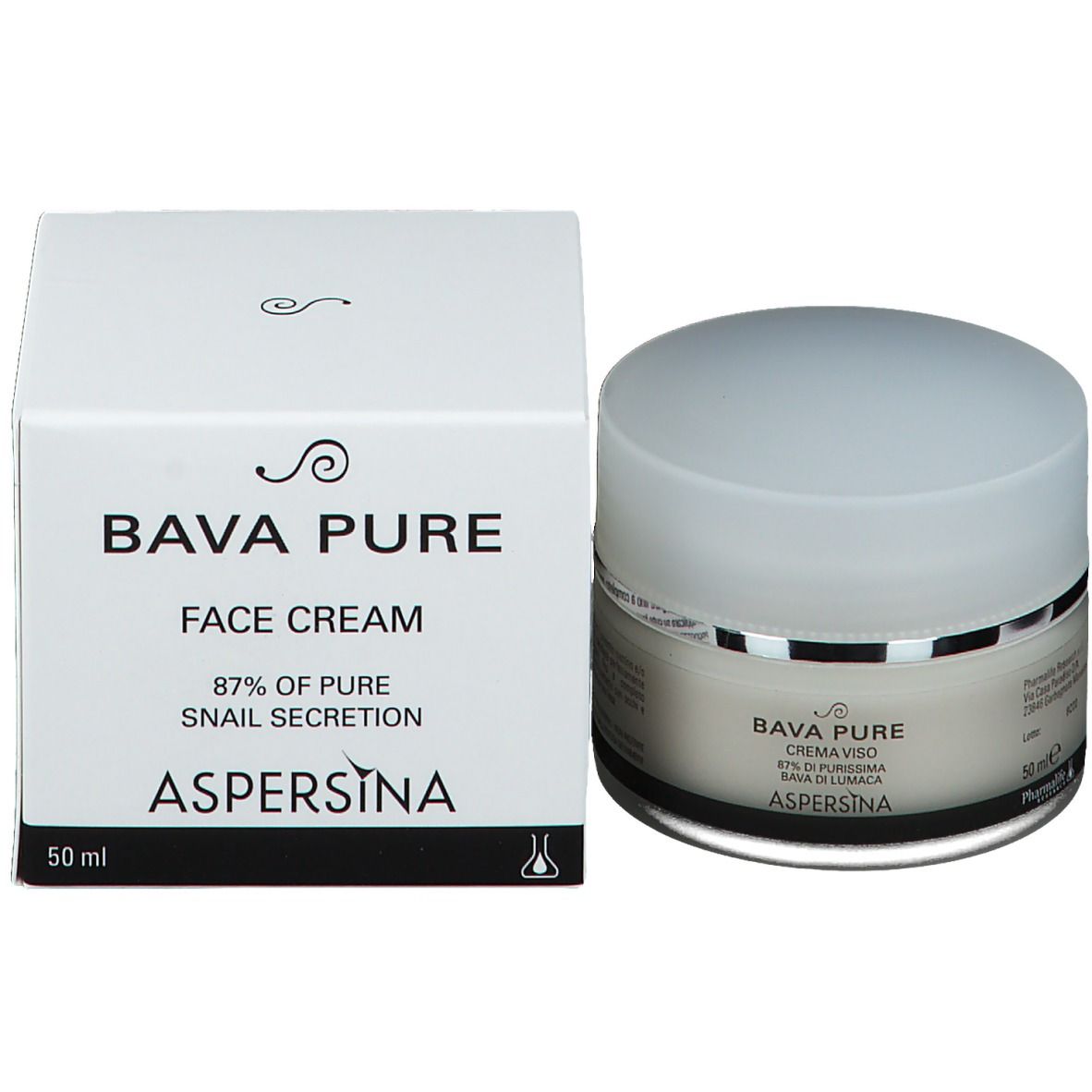Boîte blanche avec pot de crème. Inscription : Bava Pure Face Cream, Aspersina, 50 ml.