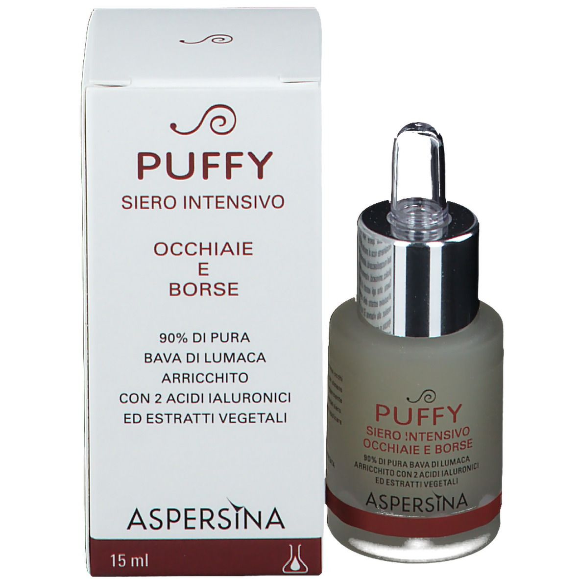 Flacon de sérum et emballage. Inscription PUFFY, ASPERSINA. Emballage avec informations produit. 15 ml.