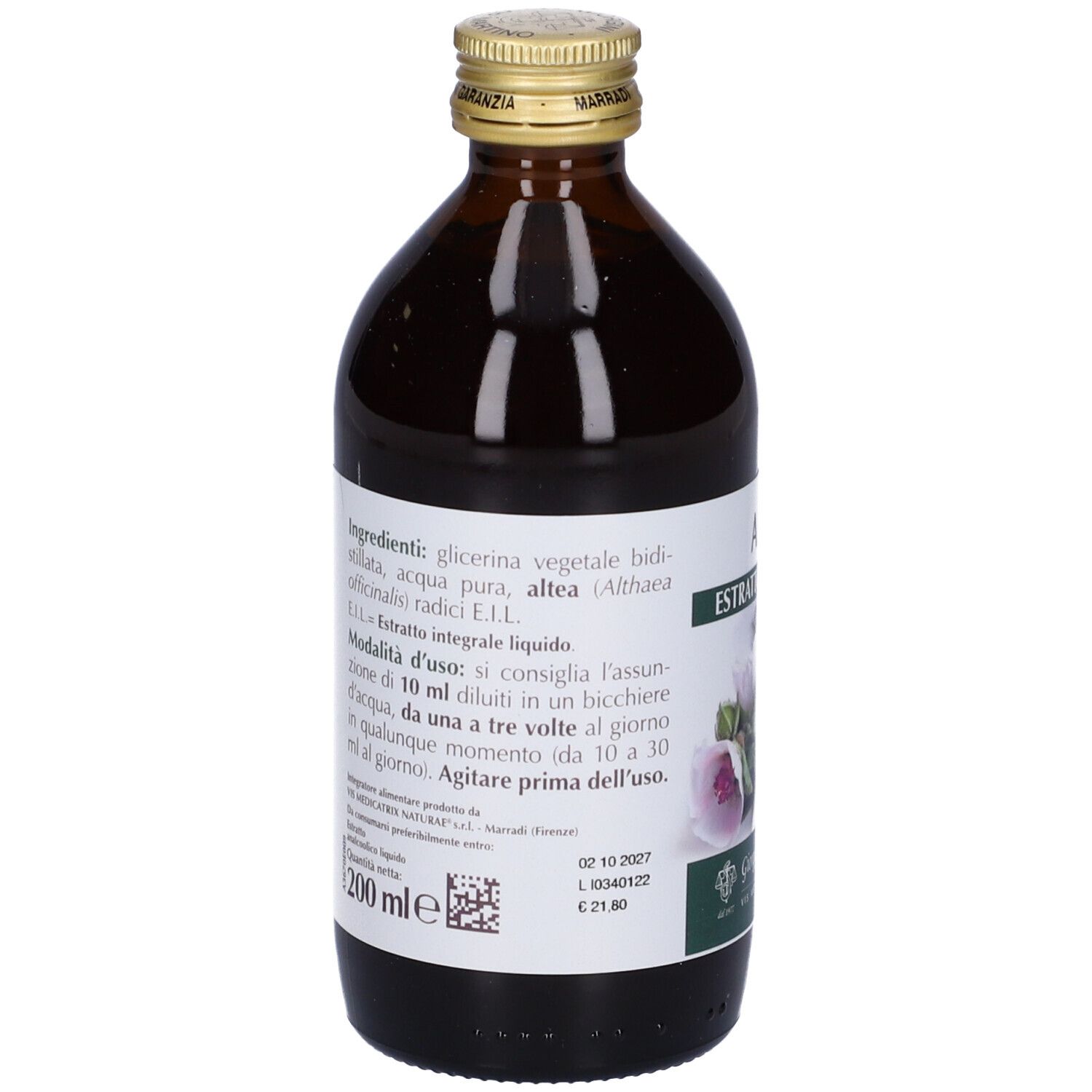 Flacon en verre brun avec étiquette. Inscription : Althea, extrait, Giorgini Dr. Martino. Liste des ingrédients et mode d'emploi.