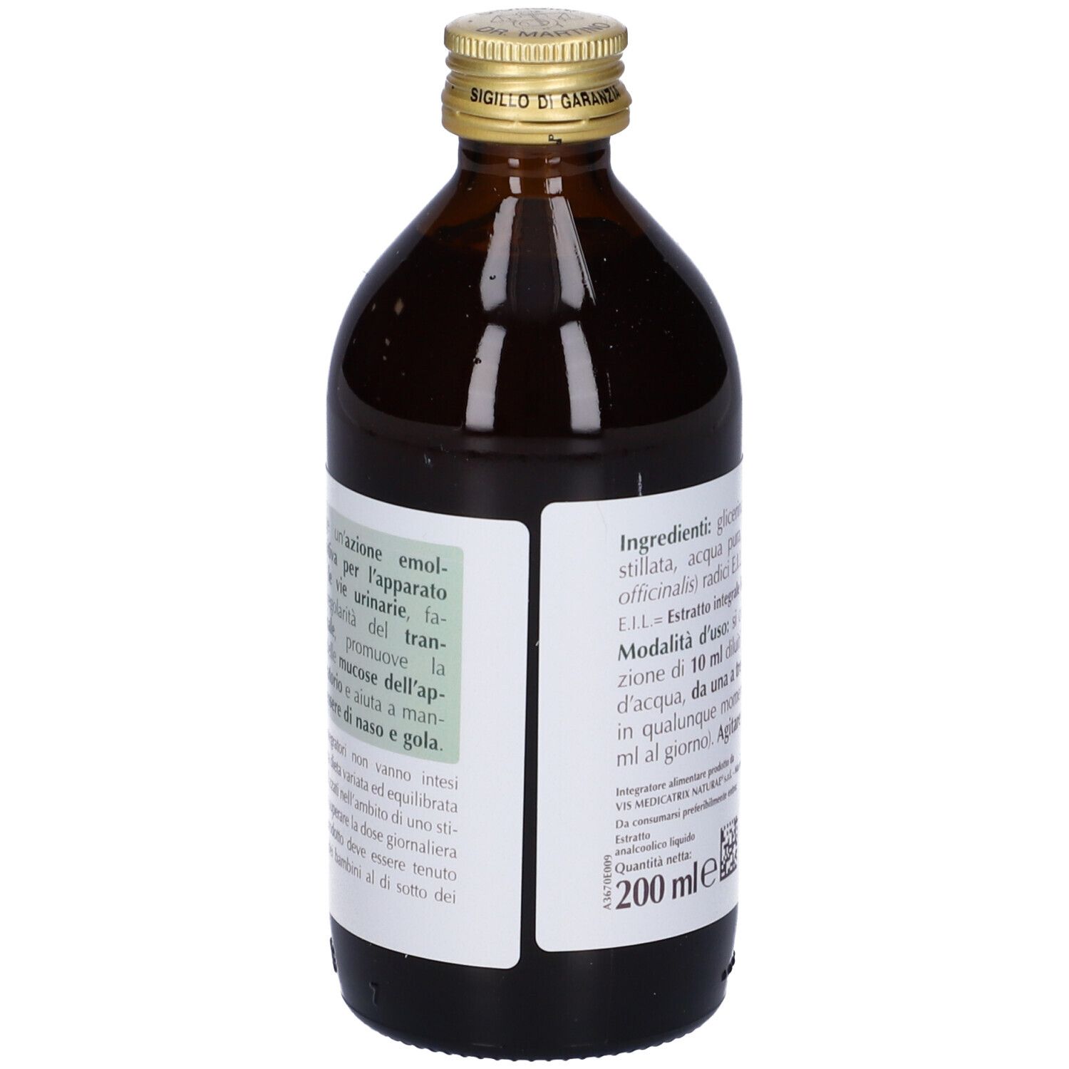 Flacon en verre brun avec étiquette. Inscription : Althea, extrait, Giorgini Dr. Martino. Liste des ingrédients et mode d'emploi.