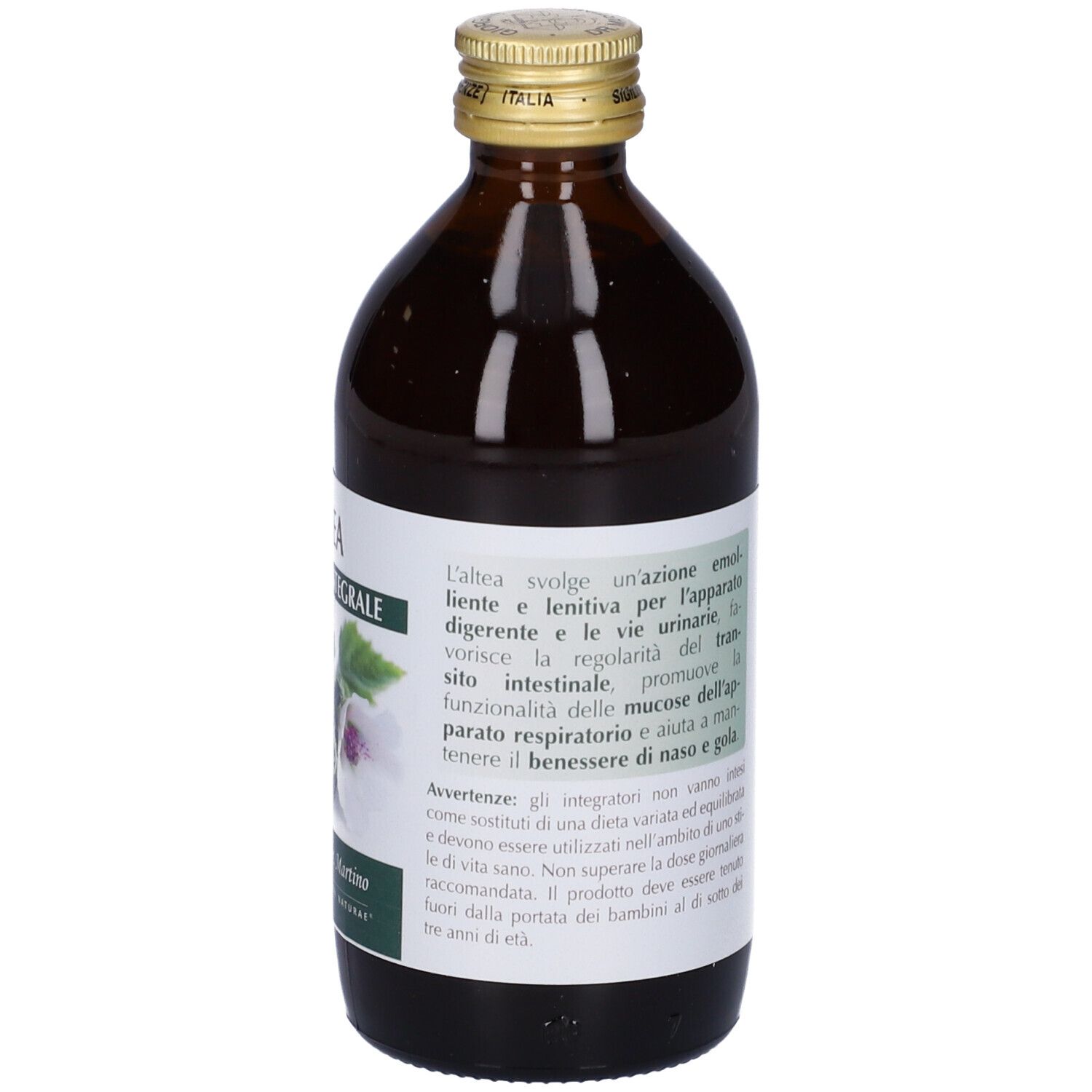 Flacon en verre brun avec étiquette. Inscription : Althea, extrait, Giorgini Dr. Martino. Mode d'emploi et avertissements.