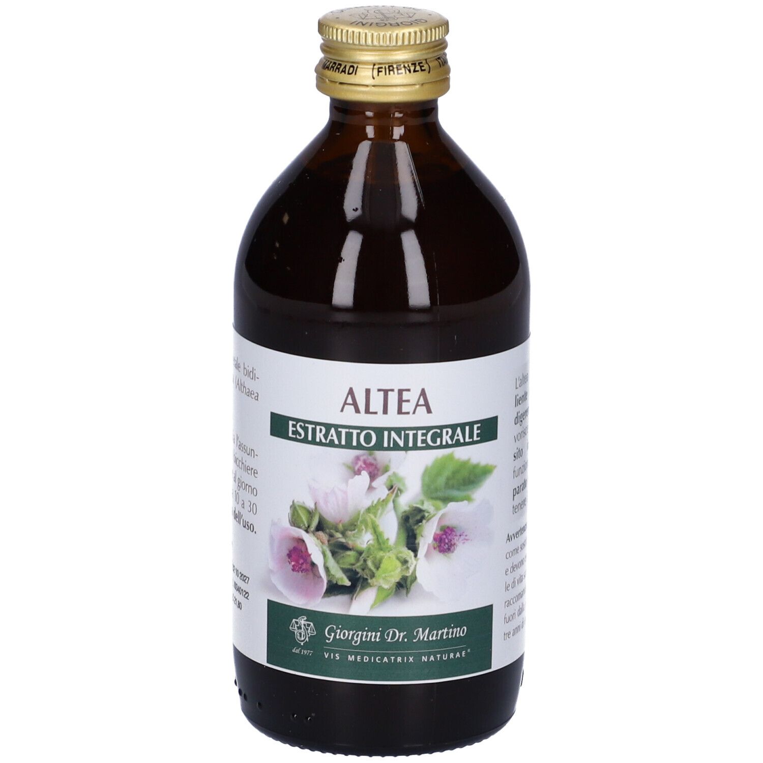 Flacon en verre brun avec étiquette. Inscription : Althea, extrait, Giorgini Dr. Martino. Nom du produit et logo.