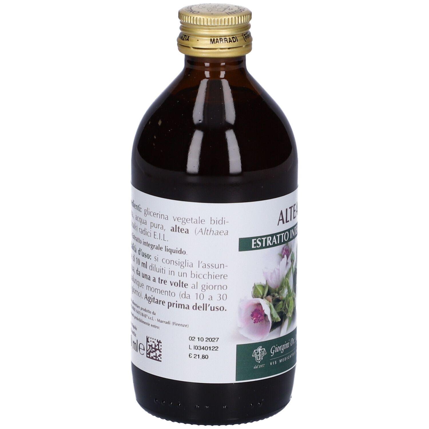 Flacon en verre brun avec étiquette. Inscription : Althea, extrait, Giorgini Dr. Martino. Liste des ingrédients et mode d'emploi.