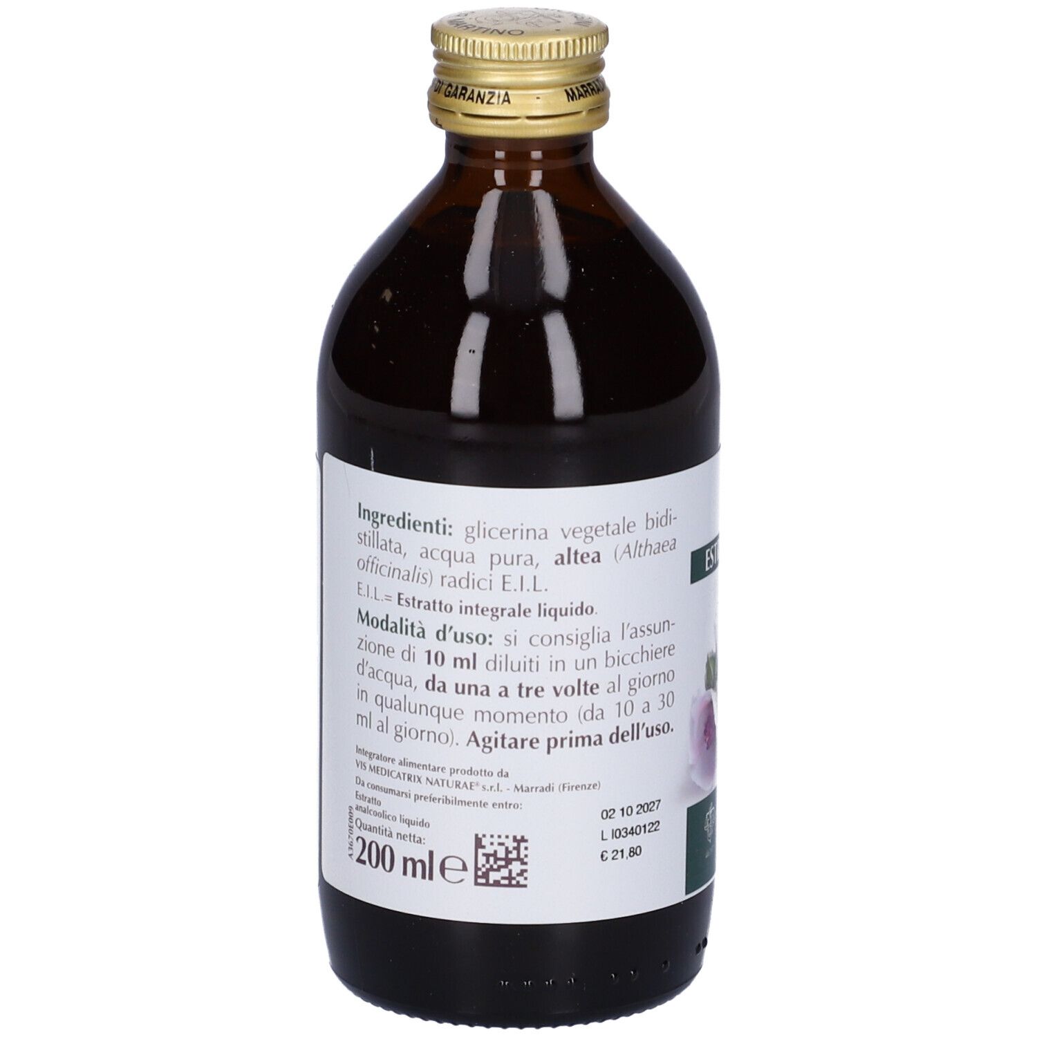 Flacon en verre brun avec étiquette. Inscription : Althea, extrait, Giorgini Dr. Martino. 200 ml.