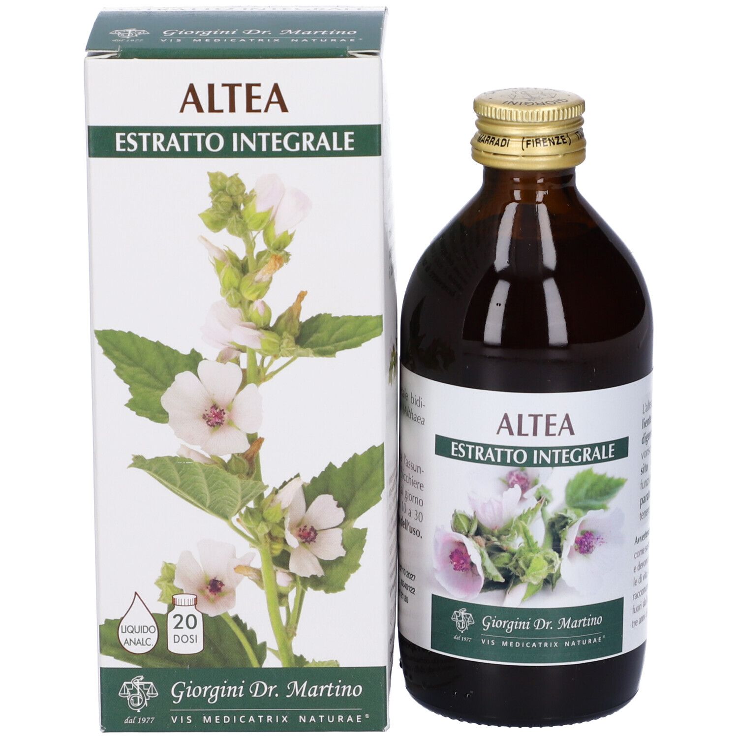 Flacon en verre brun et boîte avec impression du produit. Inscription : Althea, extrait, Giorgini Dr. Martino. 20 doses.