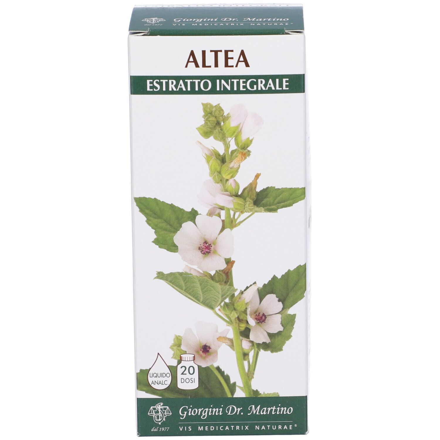 Boîte avec impression du produit. Inscription : Althea, extrait, Giorgini Dr. Martino. 20 doses.