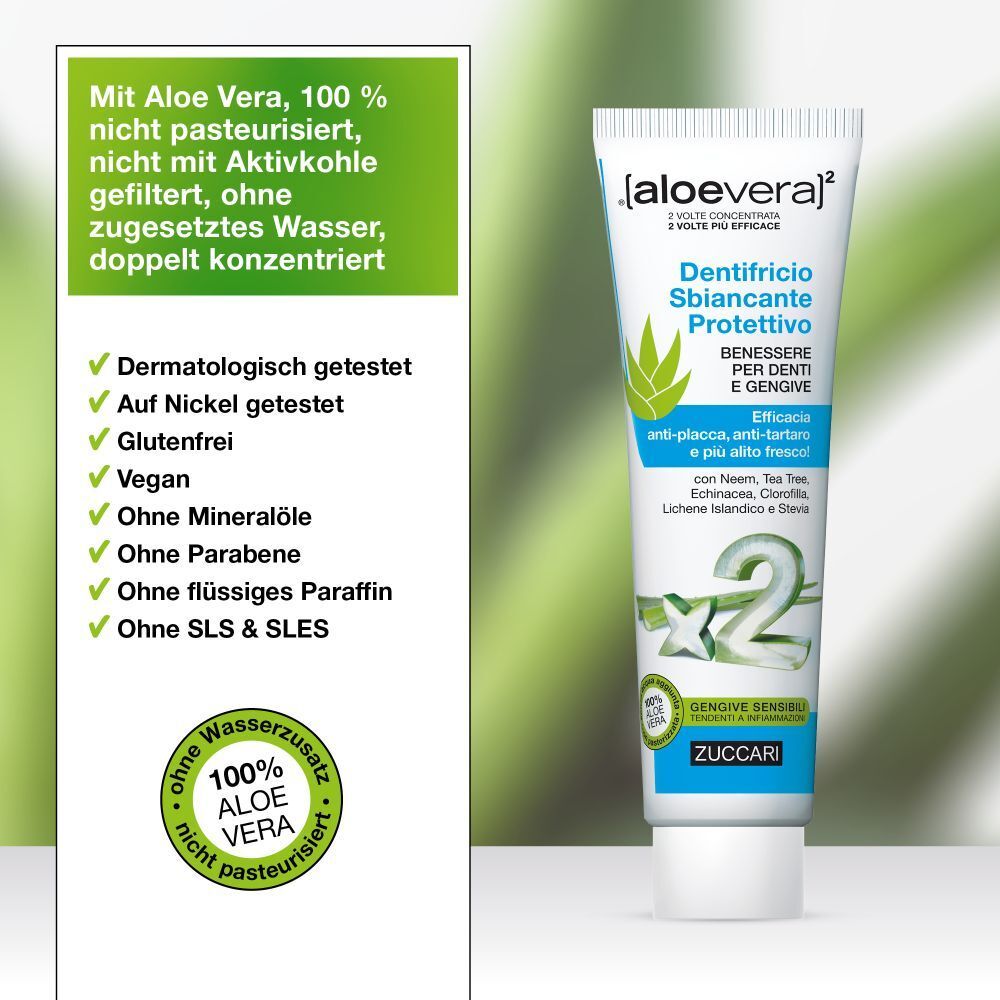 Tube de dentifrice à côté de texte. Texte : Avec Aloe Vera, 100% non pasteurisé, sans ajout d'eau. Testé dermatologiquement, végétalien.