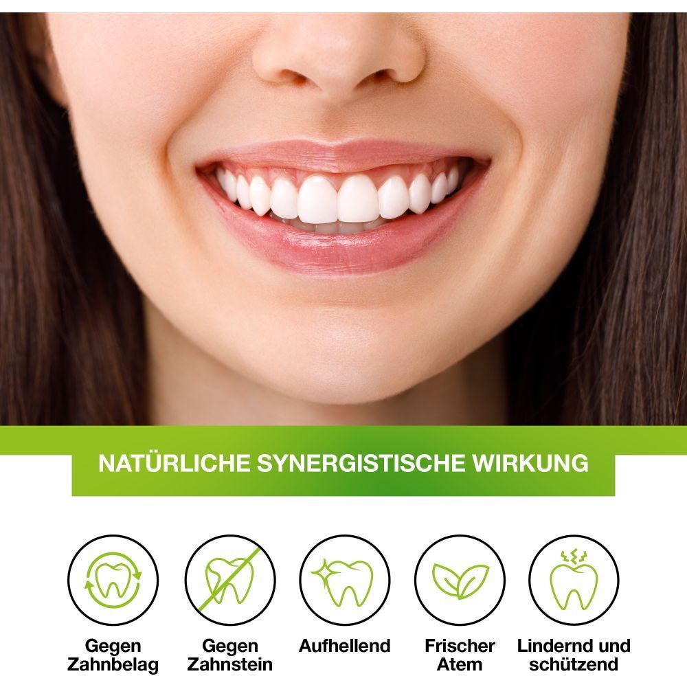 Gros plan d'un sourire avec des dents blanches. En dessous, des symboles : contre la plaque, le tartre, blanchissant, haleine fraîche, protecteur.