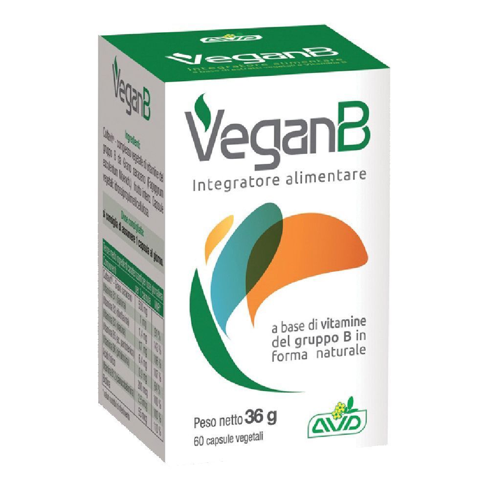 Boîte verte et blanche de gélules VeganB. Inscription: VeganB, Integratore alimentare. Contient 60 gélules.
