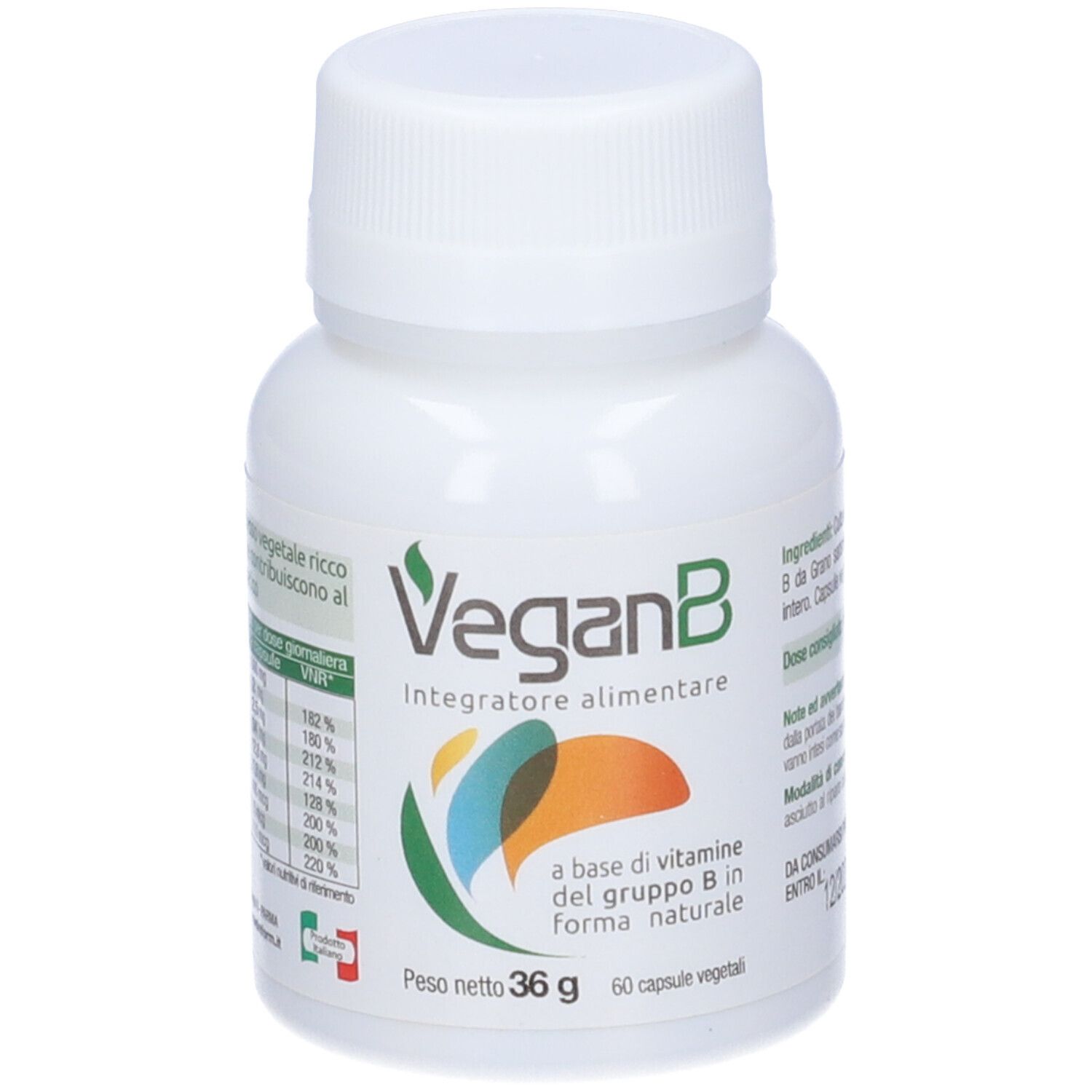 Flacon blanc de gélules VeganB. Inscription: VeganB, Integratore alimentare. Contient 60 gélules. Poids net: 36 g.