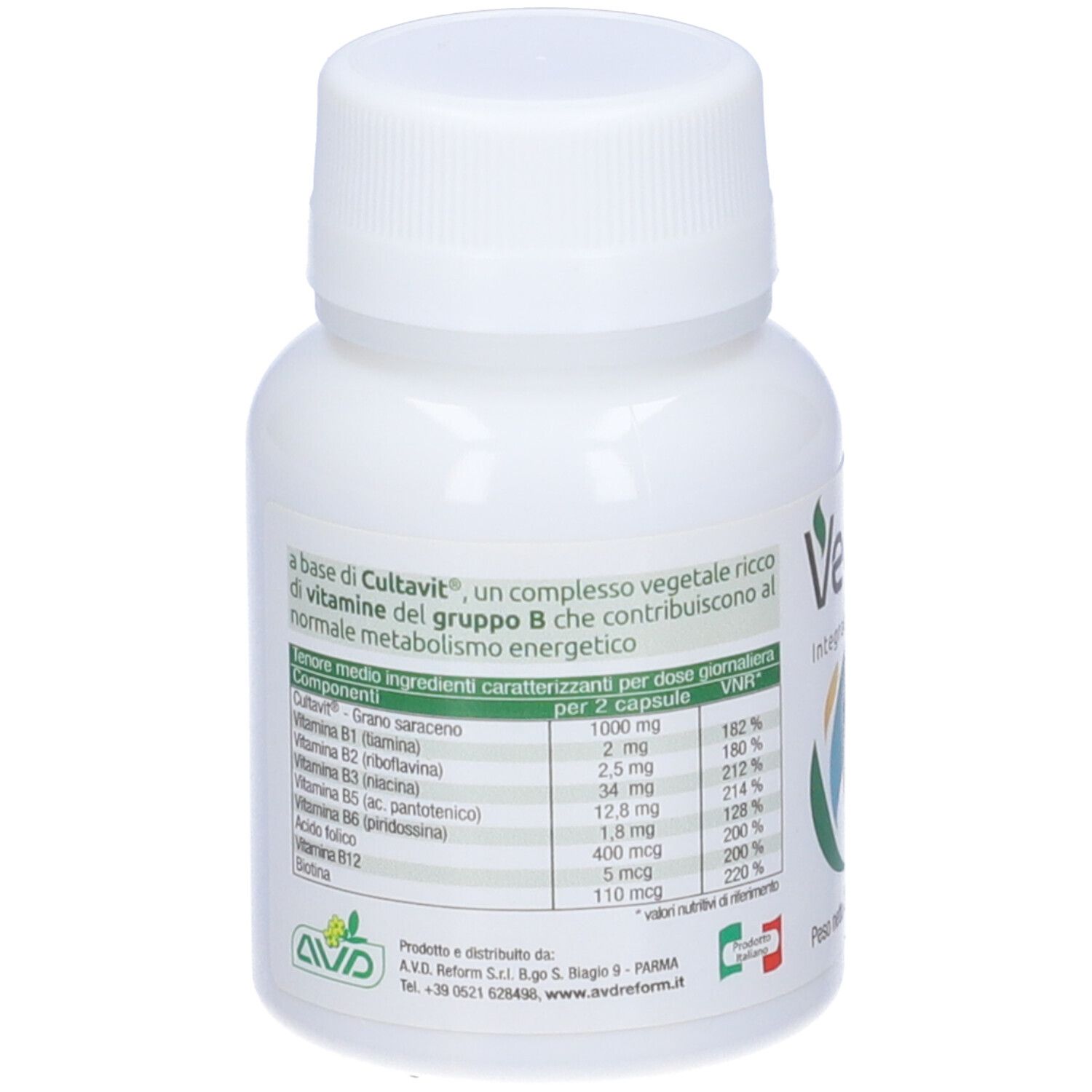 Flacon blanc de gélules VeganB. Inscription: VeganB, Integratore alimentare. Contient 60 gélules. Poids net: 36 g. Dos avec informations.