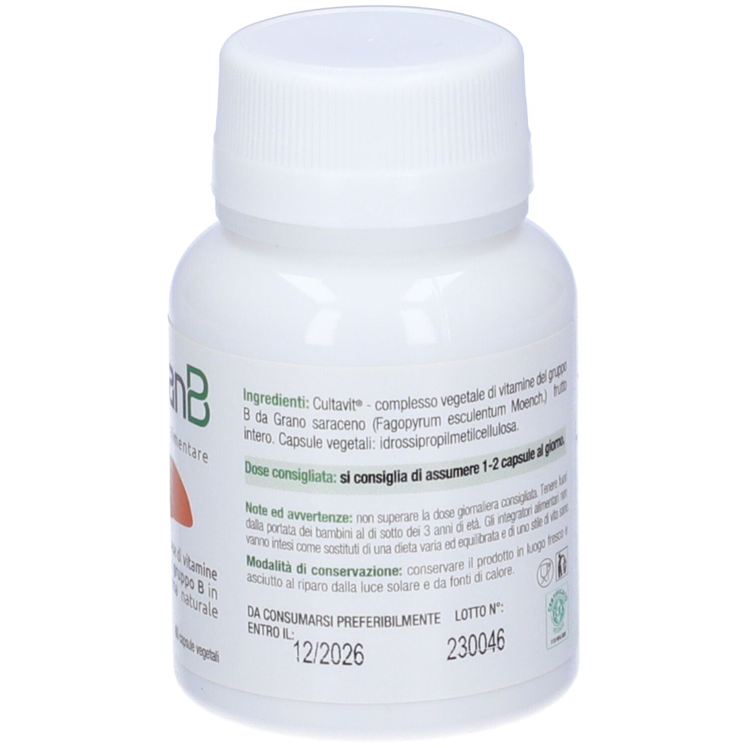 Flacon blanc de gélules VeganB. Inscription: VeganB, Integratore alimentare. Contient 60 gélules. Poids net: 36 g. Dos avec informations.