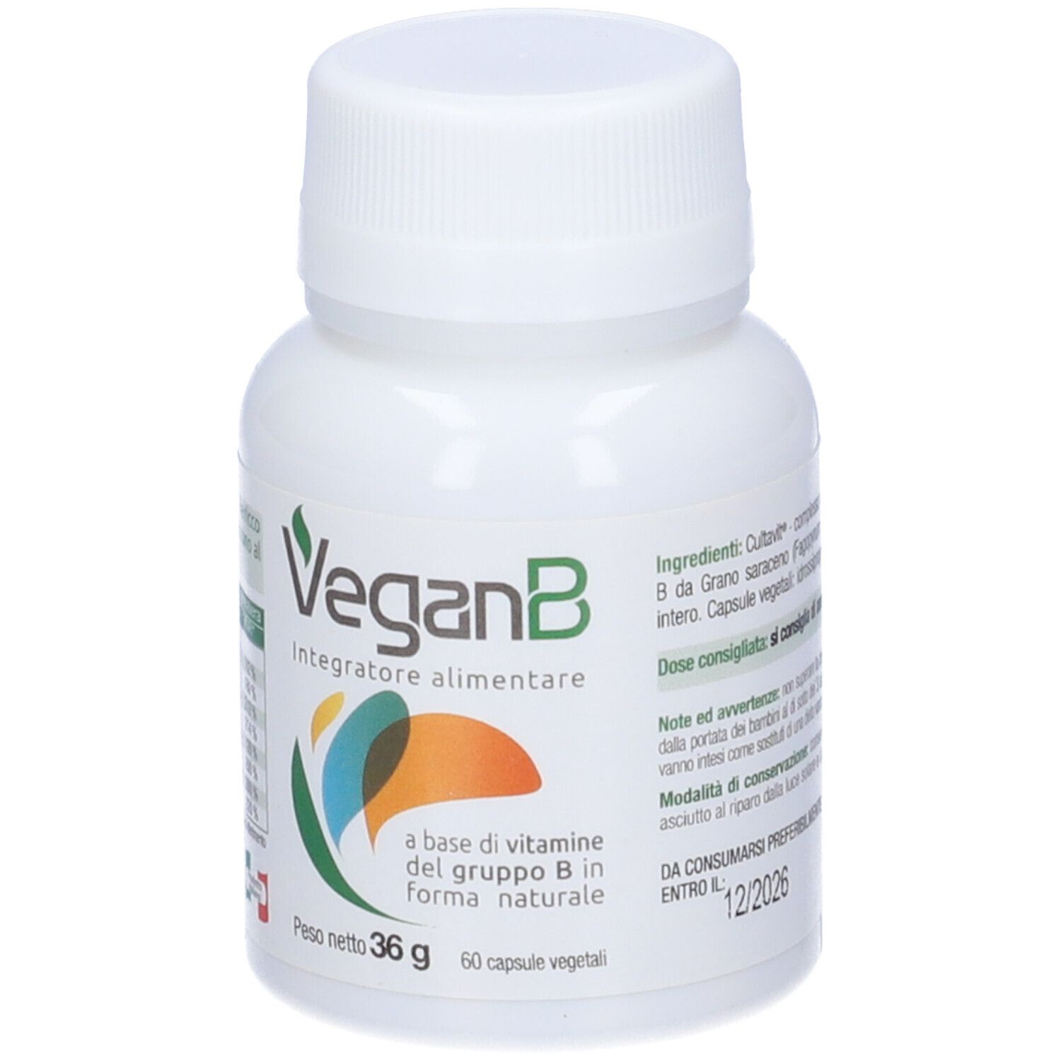 Flacon blanc de gélules VeganB. Inscription: VeganB, Integratore alimentare. Contient 60 gélules. Poids net: 36 g. DDM: 12/2026.