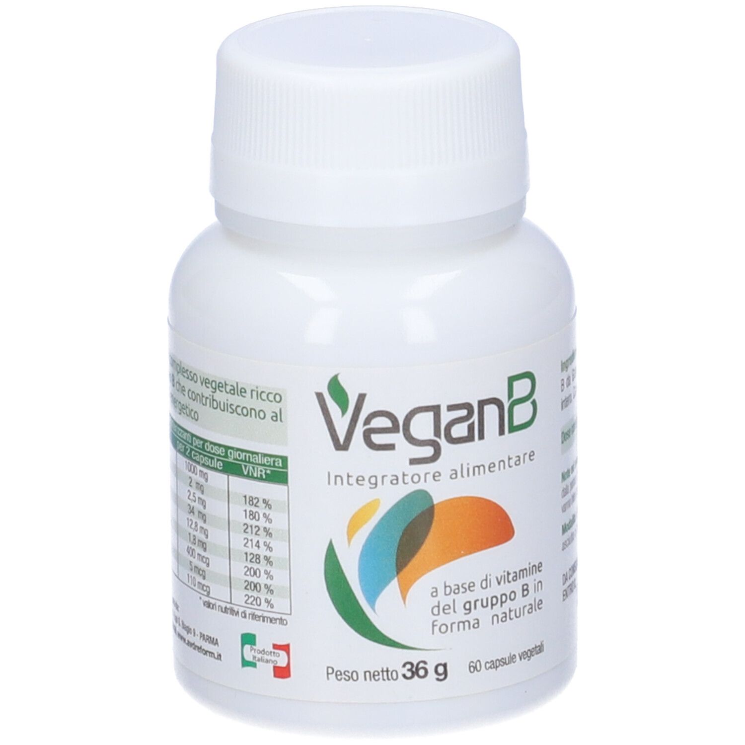 Flacon blanc de gélules VeganB. Inscription: VeganB, Integratore alimentare. Contient 60 gélules. Poids net: 36 g.