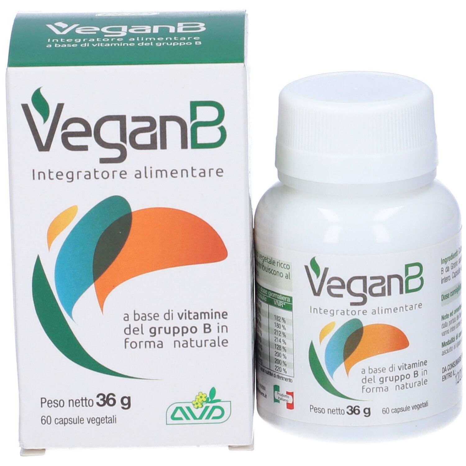 Flacon blanc et boîte de gélules VeganB. Inscription: VeganB, Integratore alimentare. Contient 60 gélules. Poids net: 36 g.
