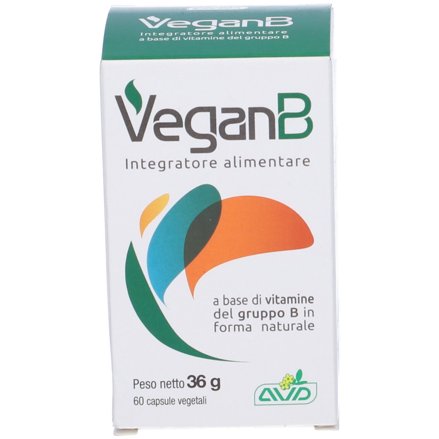 Boîte verte et blanche de gélules VeganB. Inscription: VeganB, Integratore alimentare. Contient 60 gélules. Poids net: 36 g.