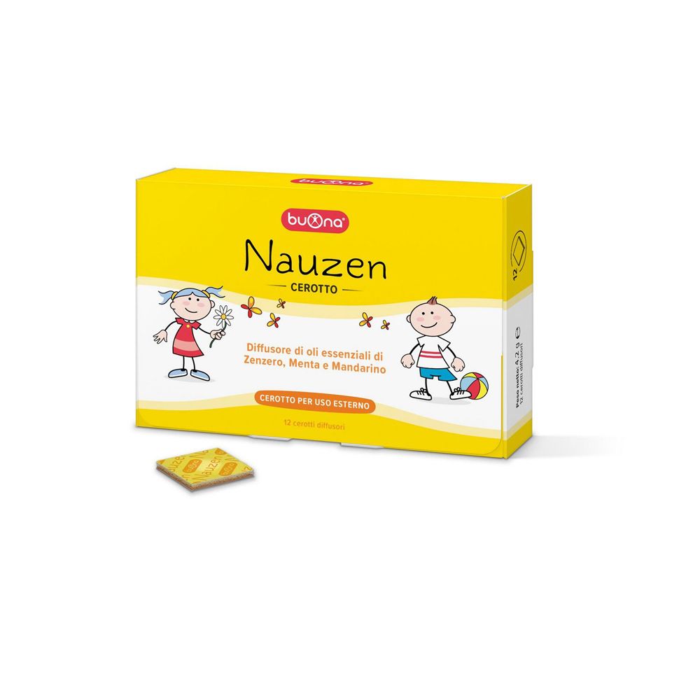 Gelbe Schachtel mit Produktaufdruck. Aufschrift: Nauzen Cerotto. Illustrationen von Kindern und Blumen.