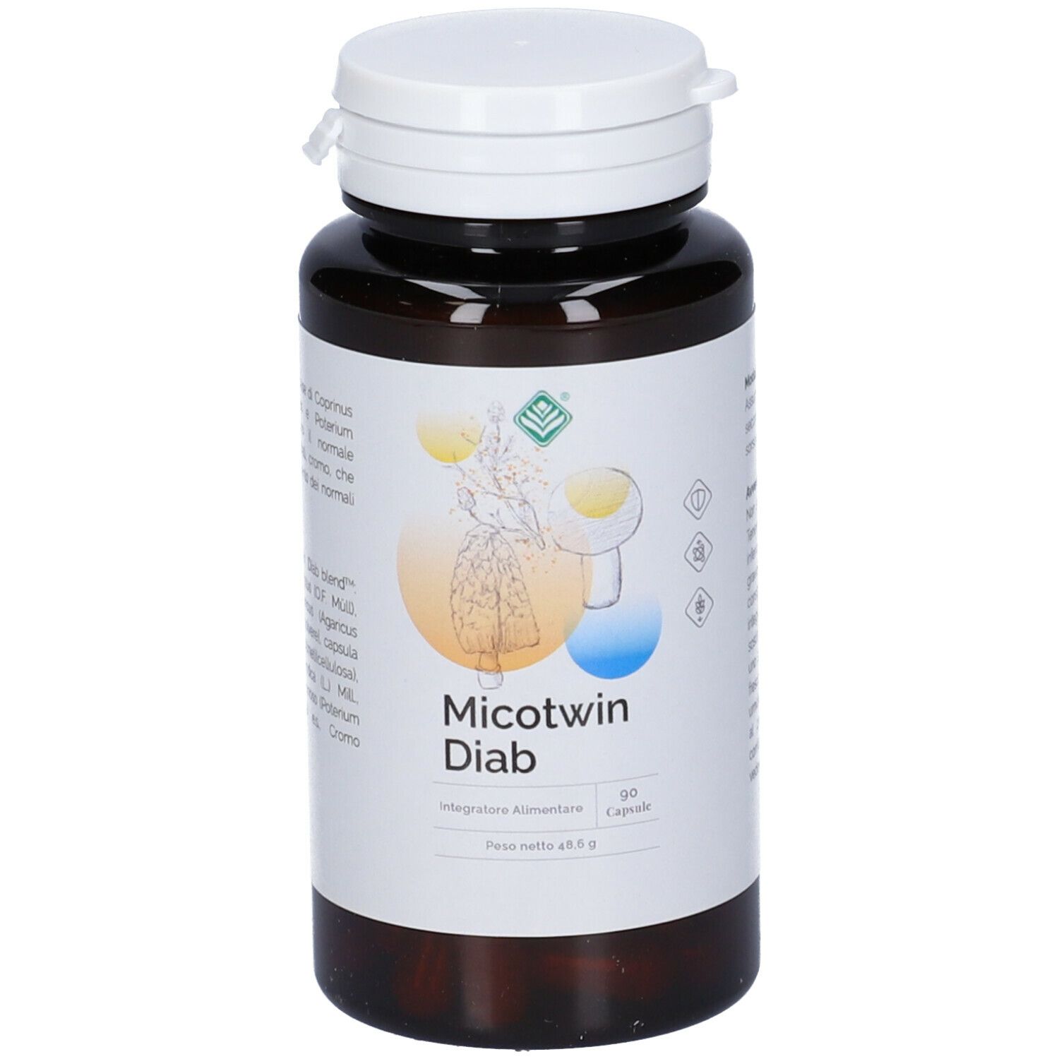 Braune Flasche mit weißem Deckel. Etikett mit Produktnamen Micotwin Diab und Inhaltsangaben. 90 Kapseln.